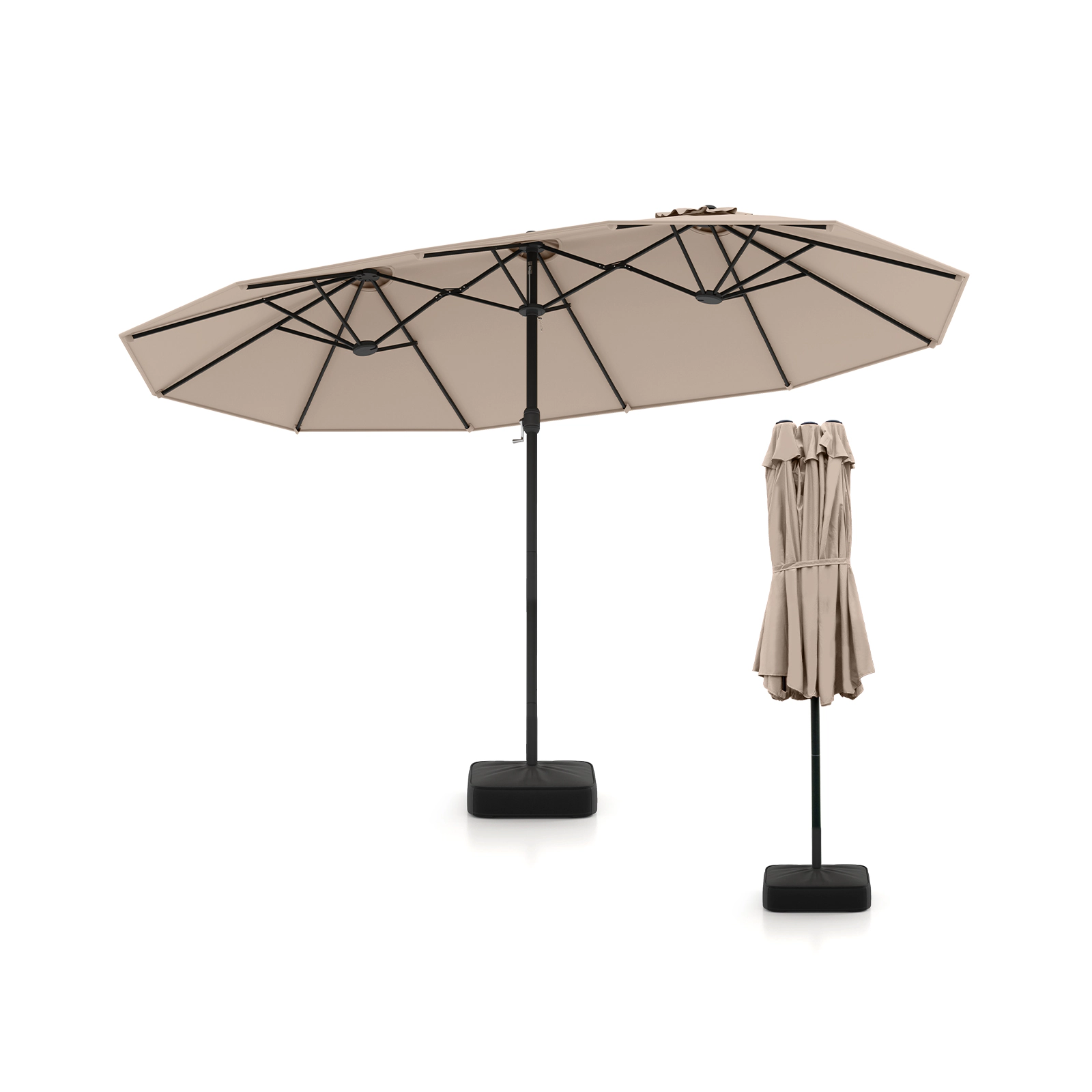 SUGIFT 15-ft Brown Rectangular Twin Patio Umbrella with Crank Lift and Cross Stand