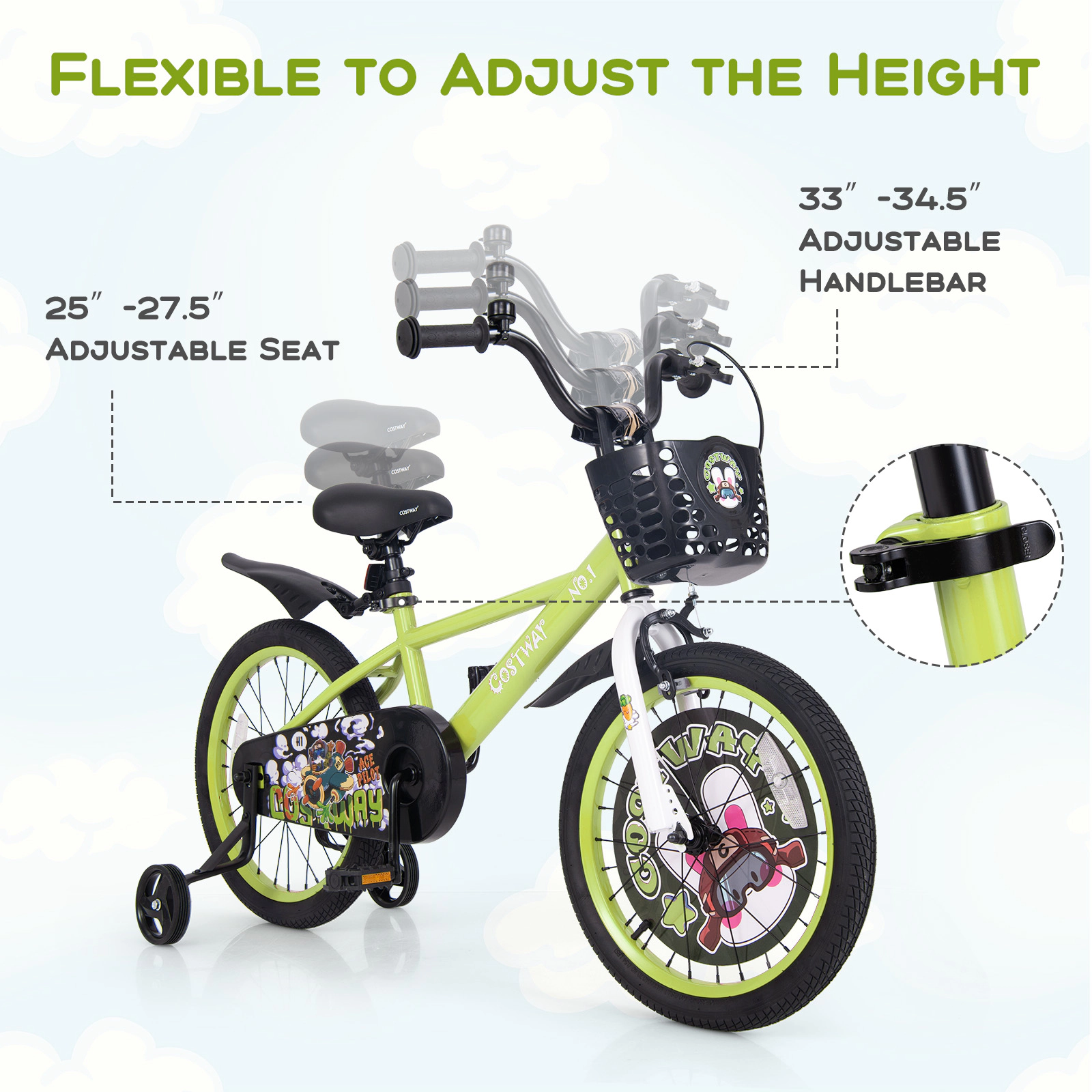 LJG Kids Bike Adjustable with Detachable Training Wheels