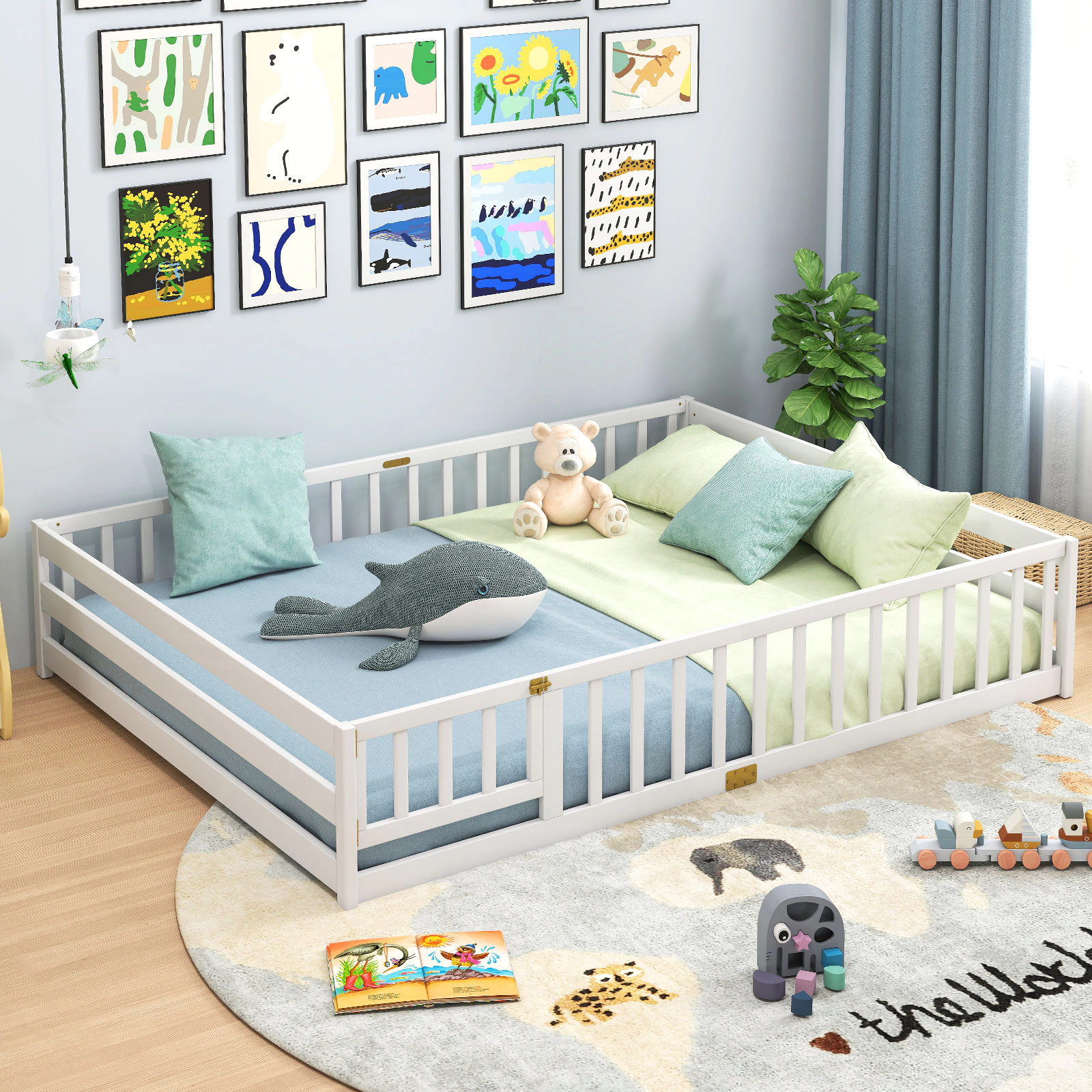 SUGIFT Low-to-Ground Queen Size Montessori Floor Bed Frame Toddler Bed Full-Length Safety Guardrails & Lockable Door