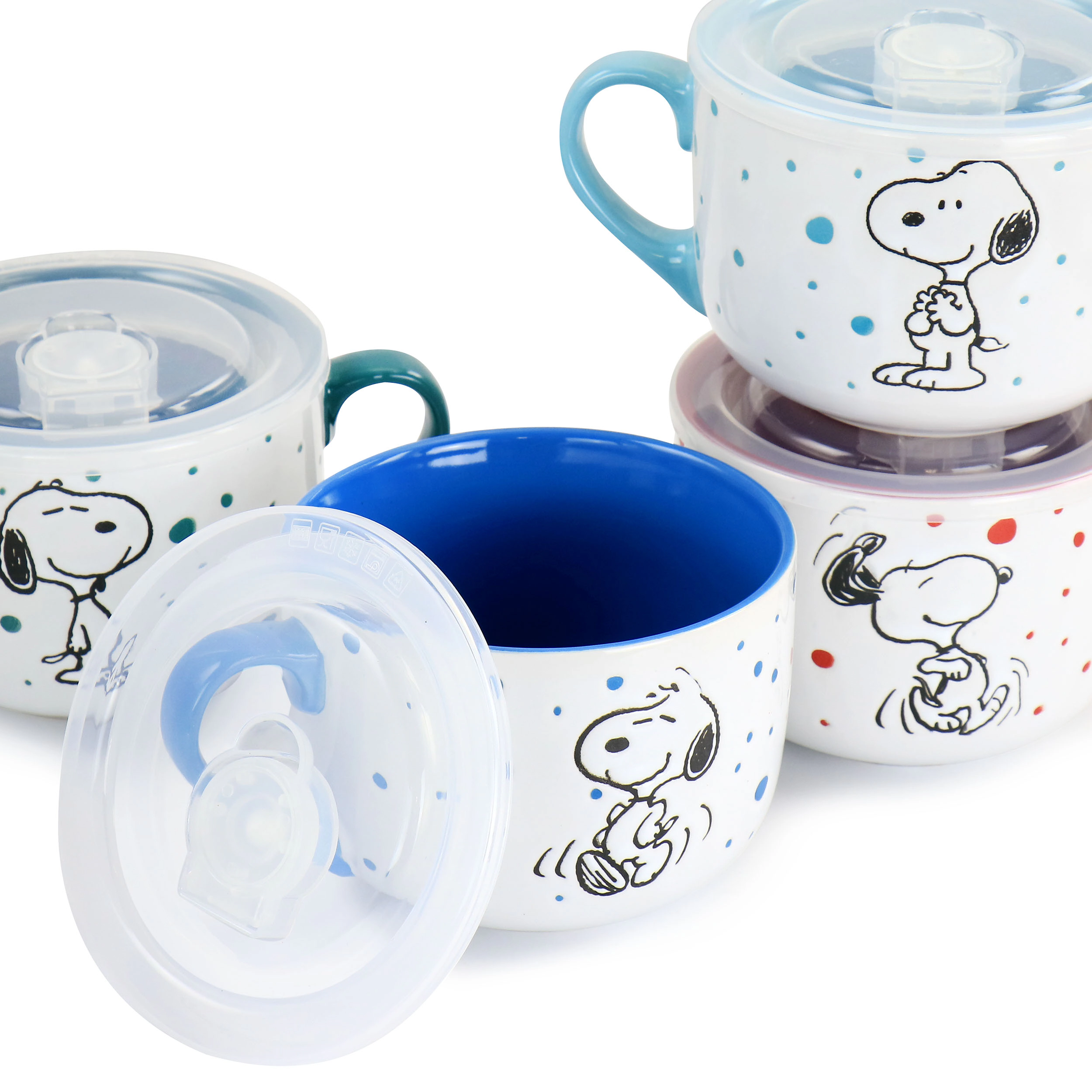 Peanuts Freckled Joy 25oz Stoneware 4 Piece Soup Cup and Lid Set in Assorted Designs