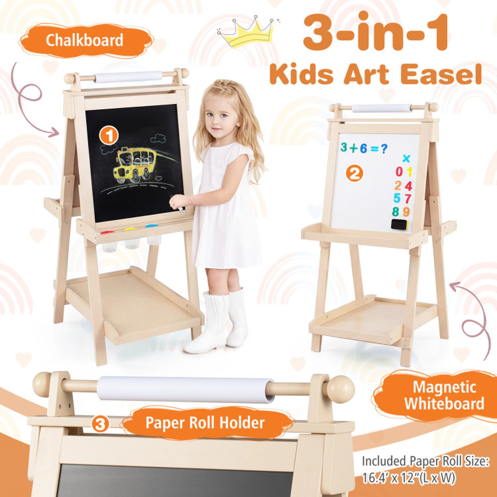 SUGIFT 3-in-1 Double-sided Art Easel with Chalkboard and Magnetic Whiteboard 33-lb Tray Capacity Ages 3+ Natrual