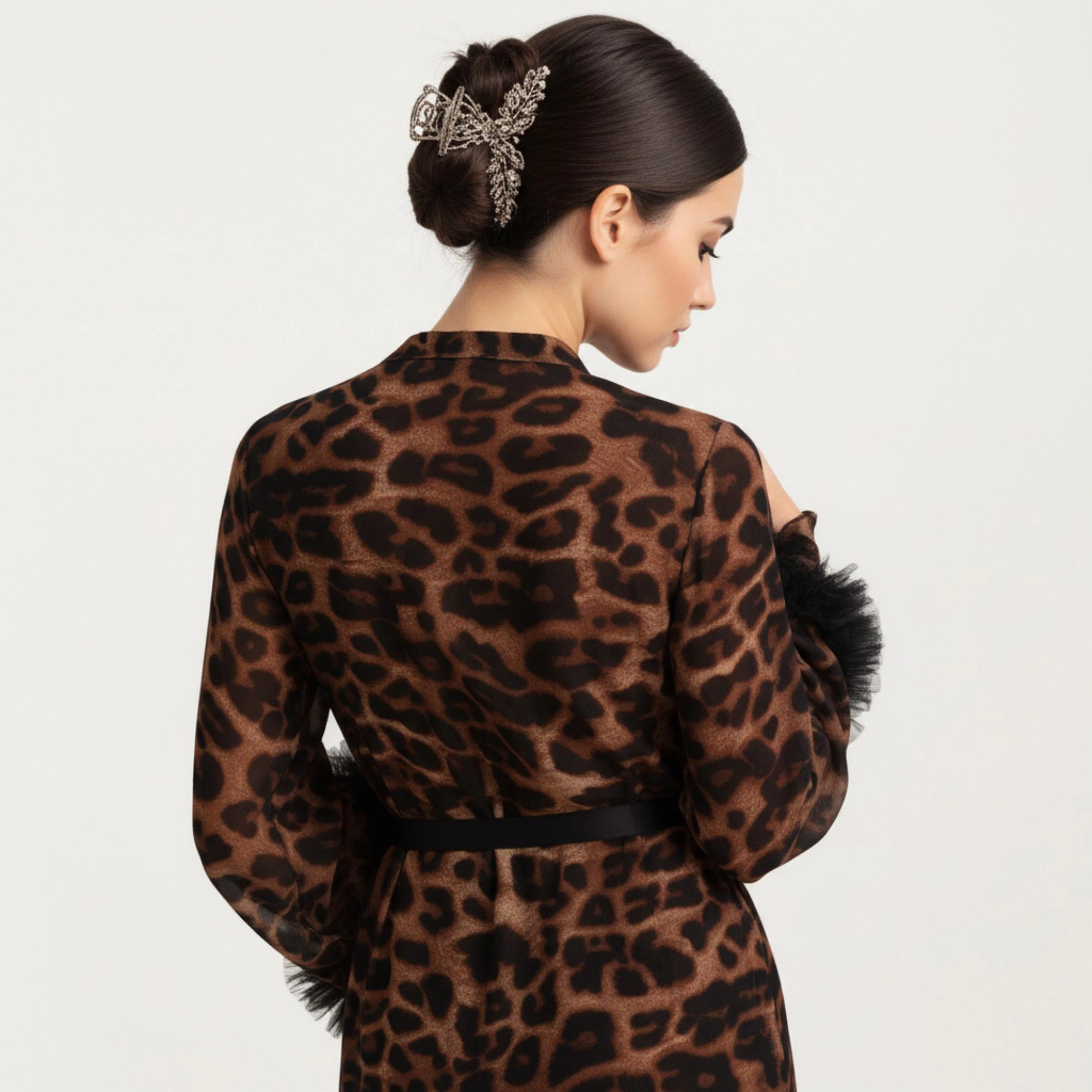 Anna-Kaci Women's Leopard Print Mesh Robe Dress with Feather Sleeves and Satin Tie Waist in Longline Silhouette