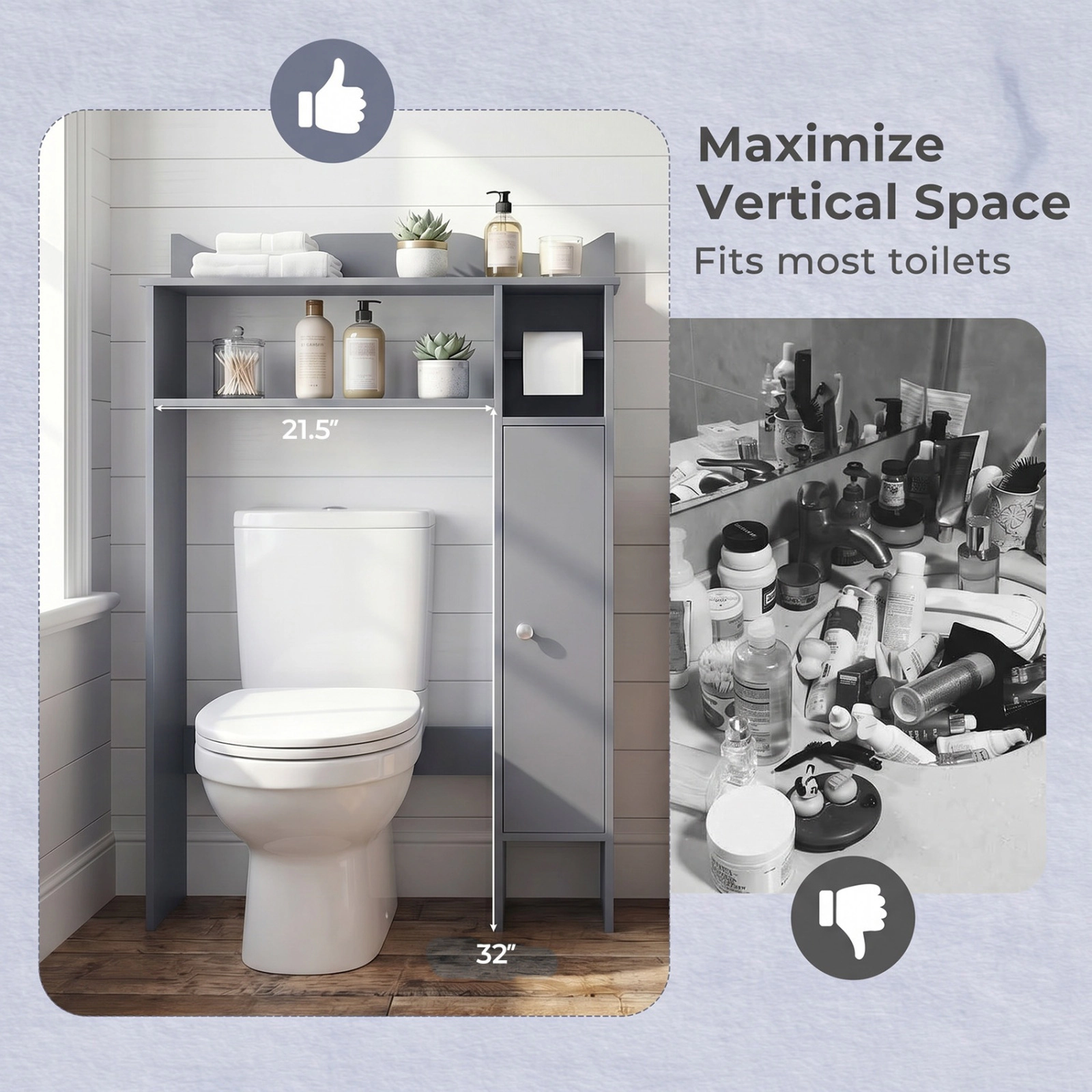 SUGIFT Gray 43.5-in Over the Toilet Storage Cabinet with Built-In Toilet Paper Holder and Removable Shelves