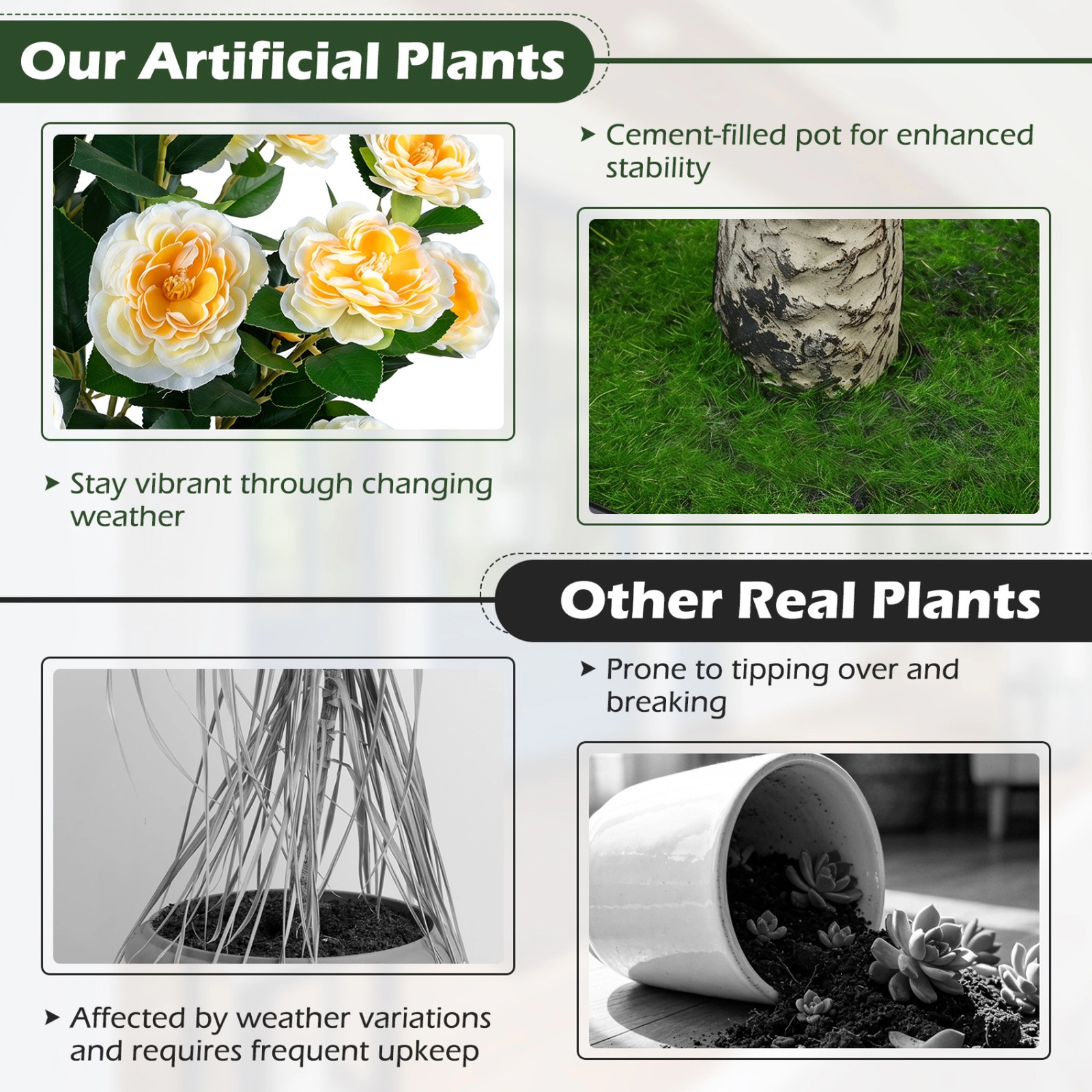 SUGIFT Set of 2 39.5-in Artificial Camellia Trees with Vivid Orange Blossoms and Cement-Filled Pots