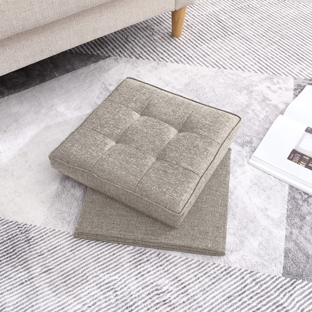 Ornavo Home Collapsible Tufted Linen Square Coffee Table Storage Ottoman