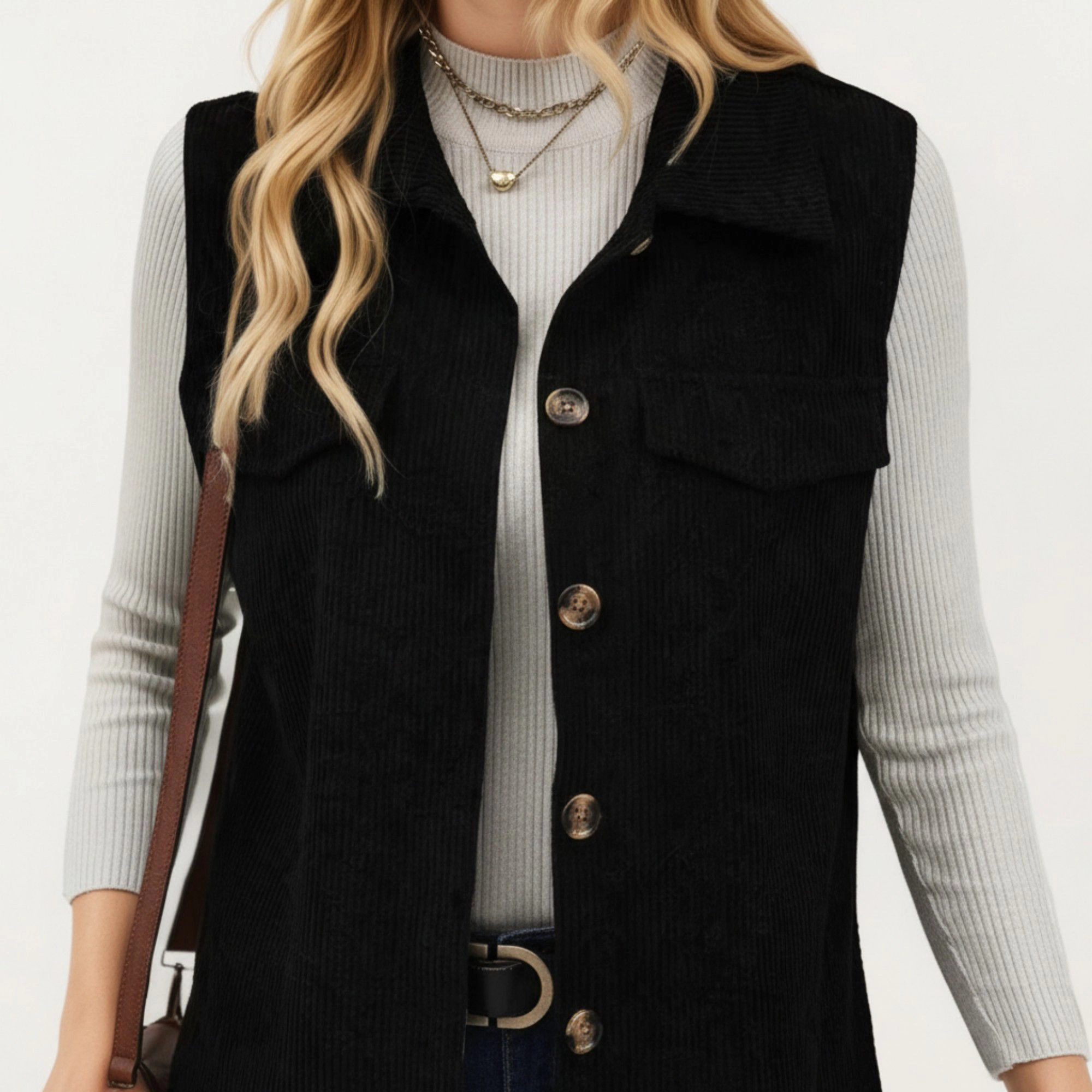 Anna-Kaci Women's Textured Button Front Vest with Collared Neckline, Chest Flap Pockets, and Relaxed Longline Fit