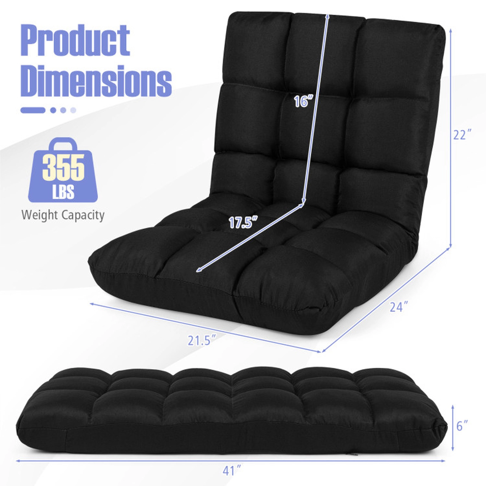 SUGIFT 14-Position 102-180 Degree Cotton Linen Floor Gaming Sofa Chair 42-in x 21-in x 4-in 355-lb Capacity Black