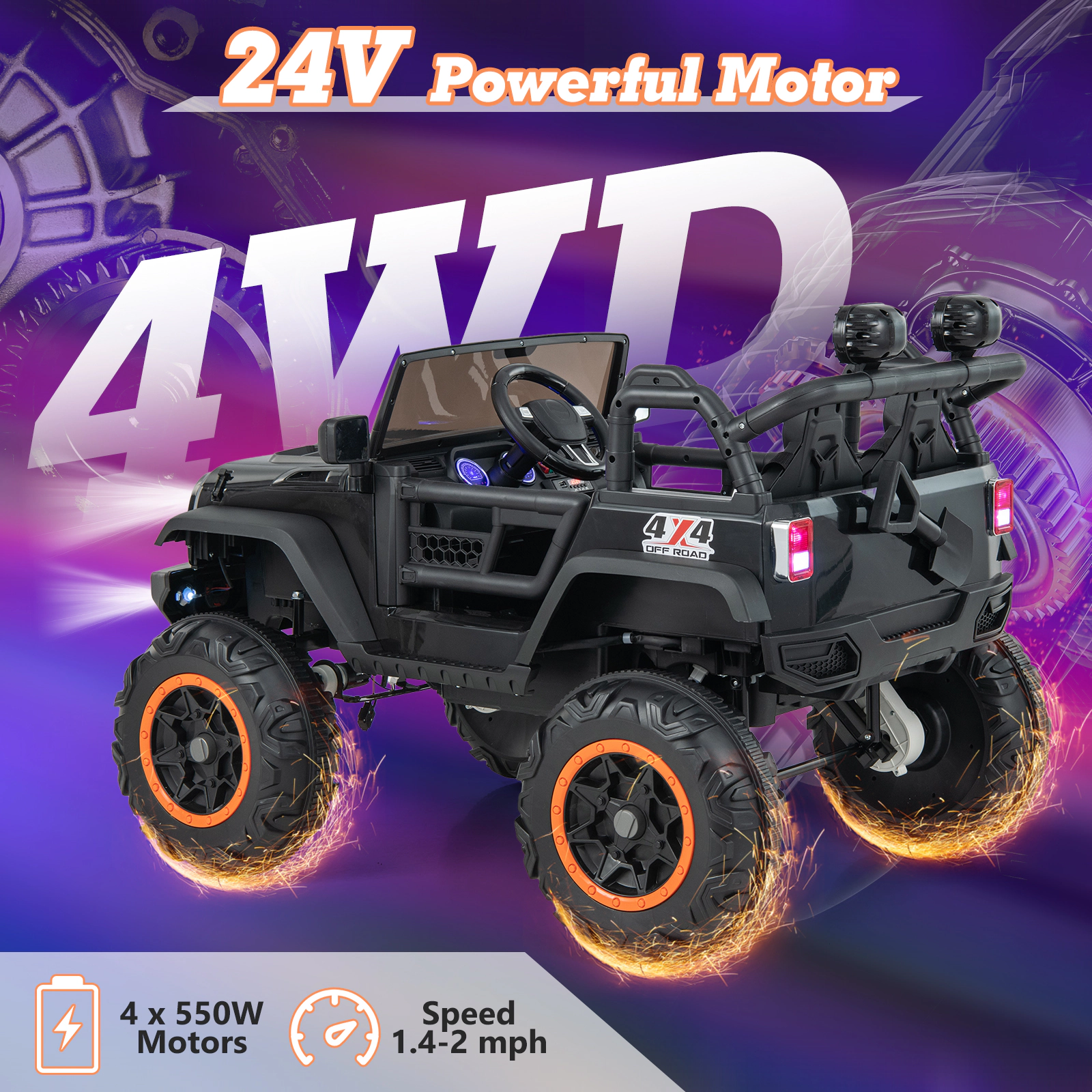 Costway 24V 2 Seater Kids Ride on Truck 2WD/4WD Battery Powered Vehicle Toddler Powerful Car with Remote Control Purple