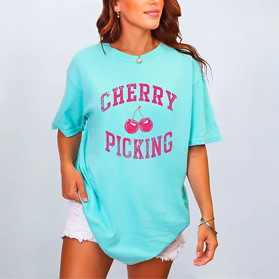 Simply Sage Market - Cherry Picking Varsity Arched - Women's Garment Dyed Graphic T-Shirt