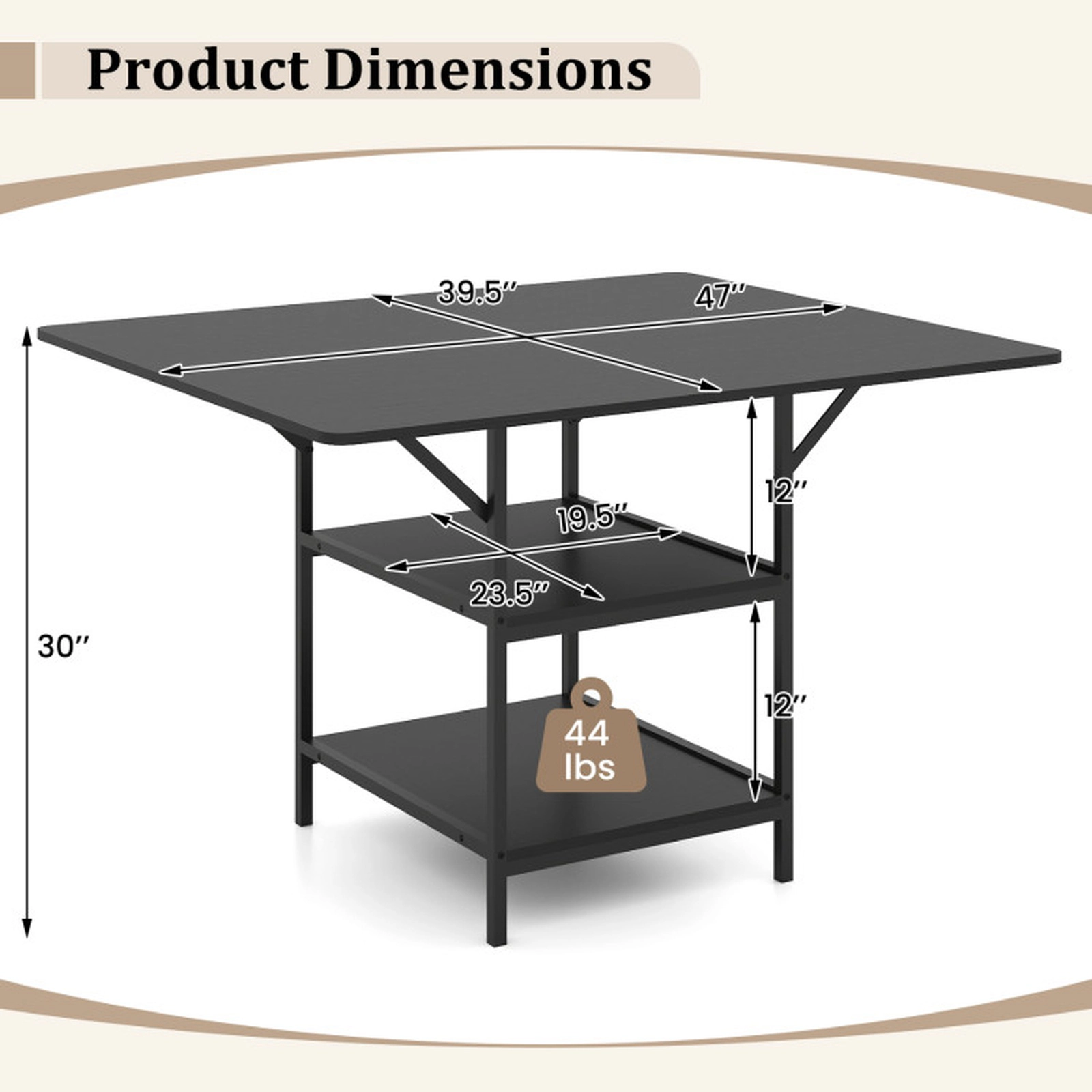 SUGIFT 47-in Rectangular Dining Table with 2 Open Storage Shelves 155-lb Tabletop Capacity Seats 4-6 Rustic Brown/Black