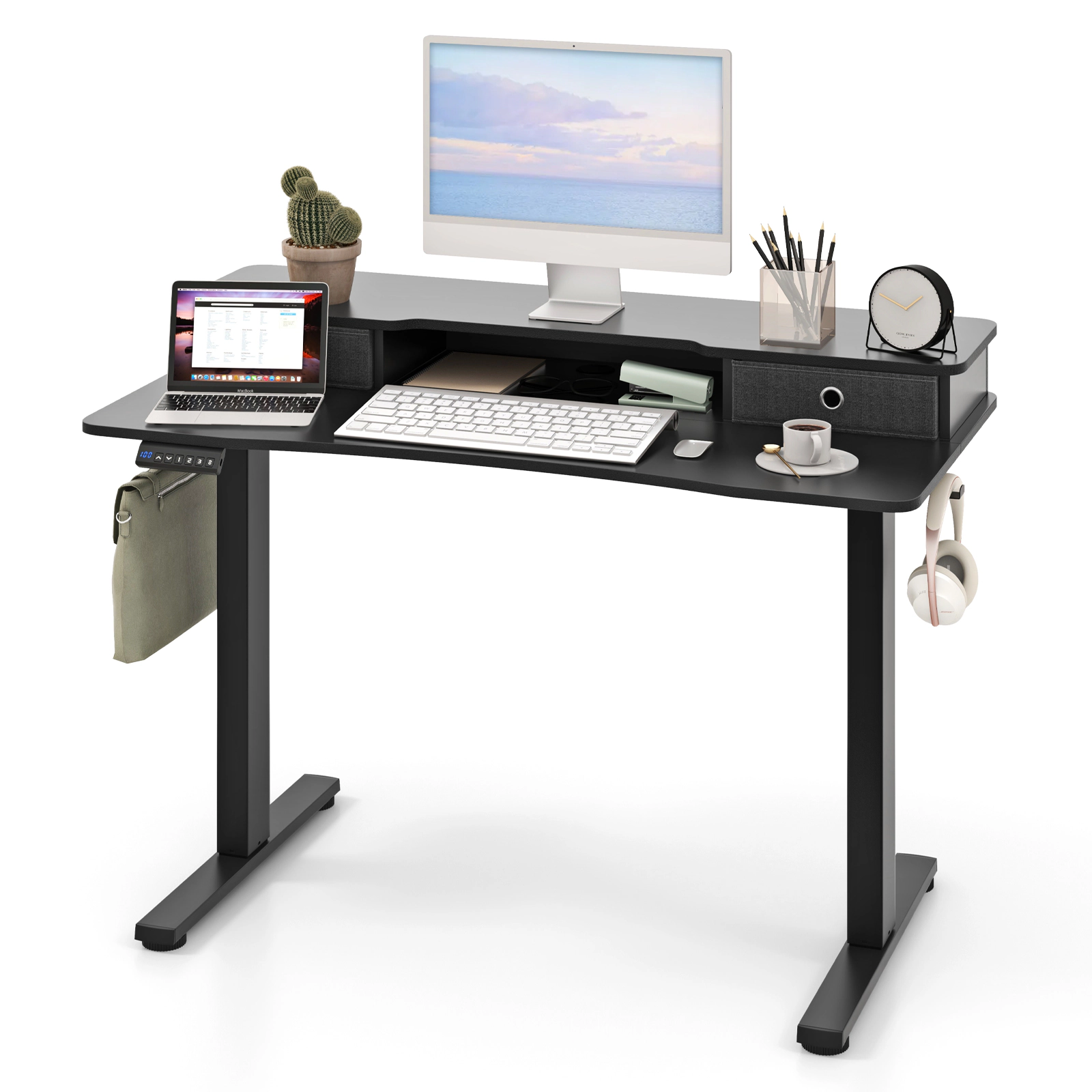 SUGIFT 48-in Black Electric Sit to Stand Desk with Full Width Shelf 2 Fabric Drawers and 3 Memory Heights