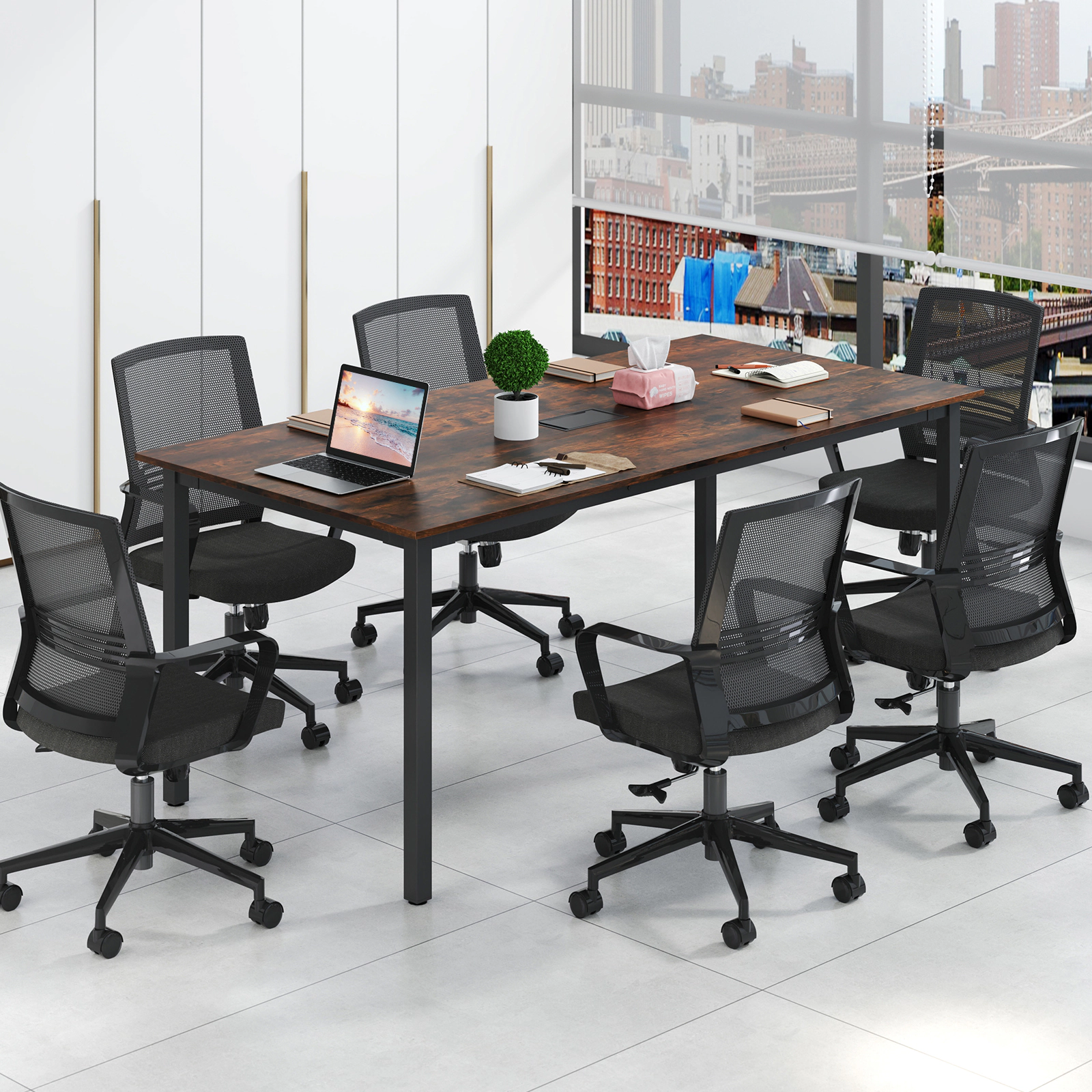 SUGIFT 6 Ft Rectangle Conference Room Desk Table with Cable Hole 265-Lb Capacity Seats 8-10 People Rustic Brown + Black