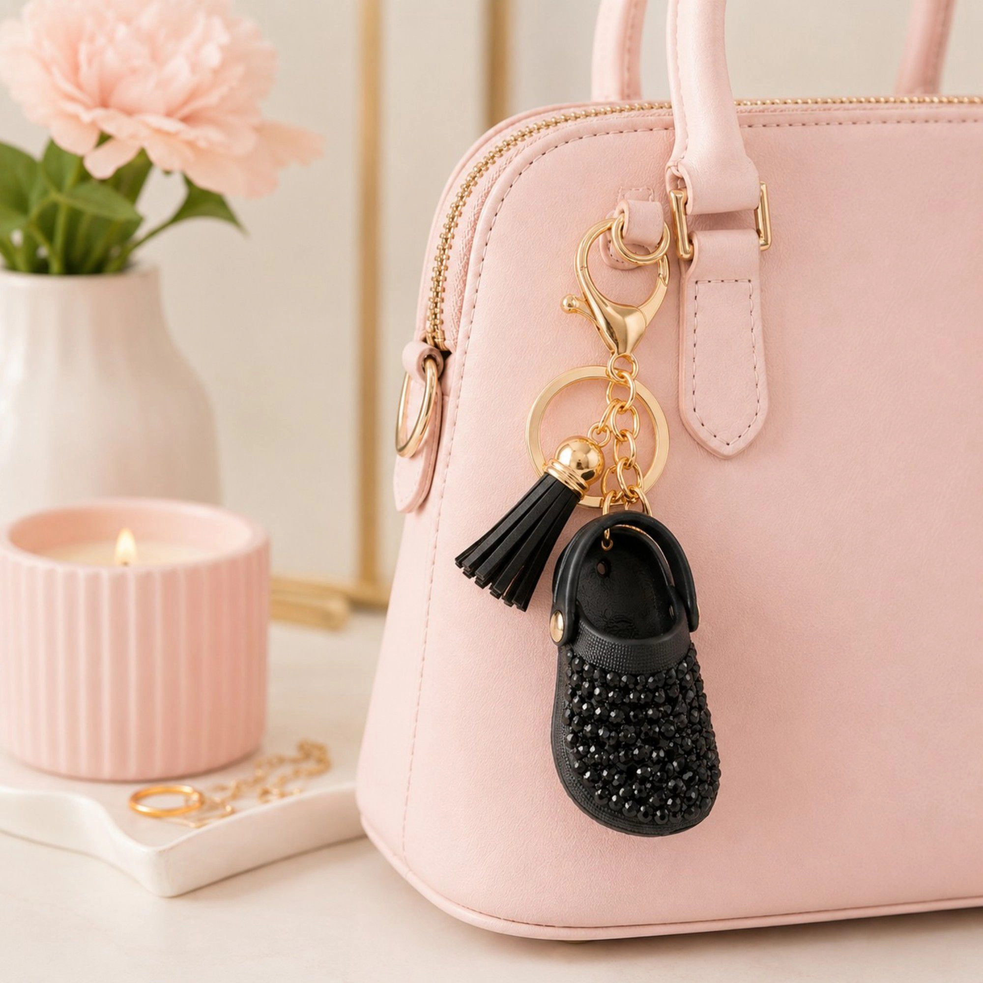 Alilang Women's Rhinestone Mini Clog Keychain Bag Charm with Tassel Gold Tone Clip and Key Ring