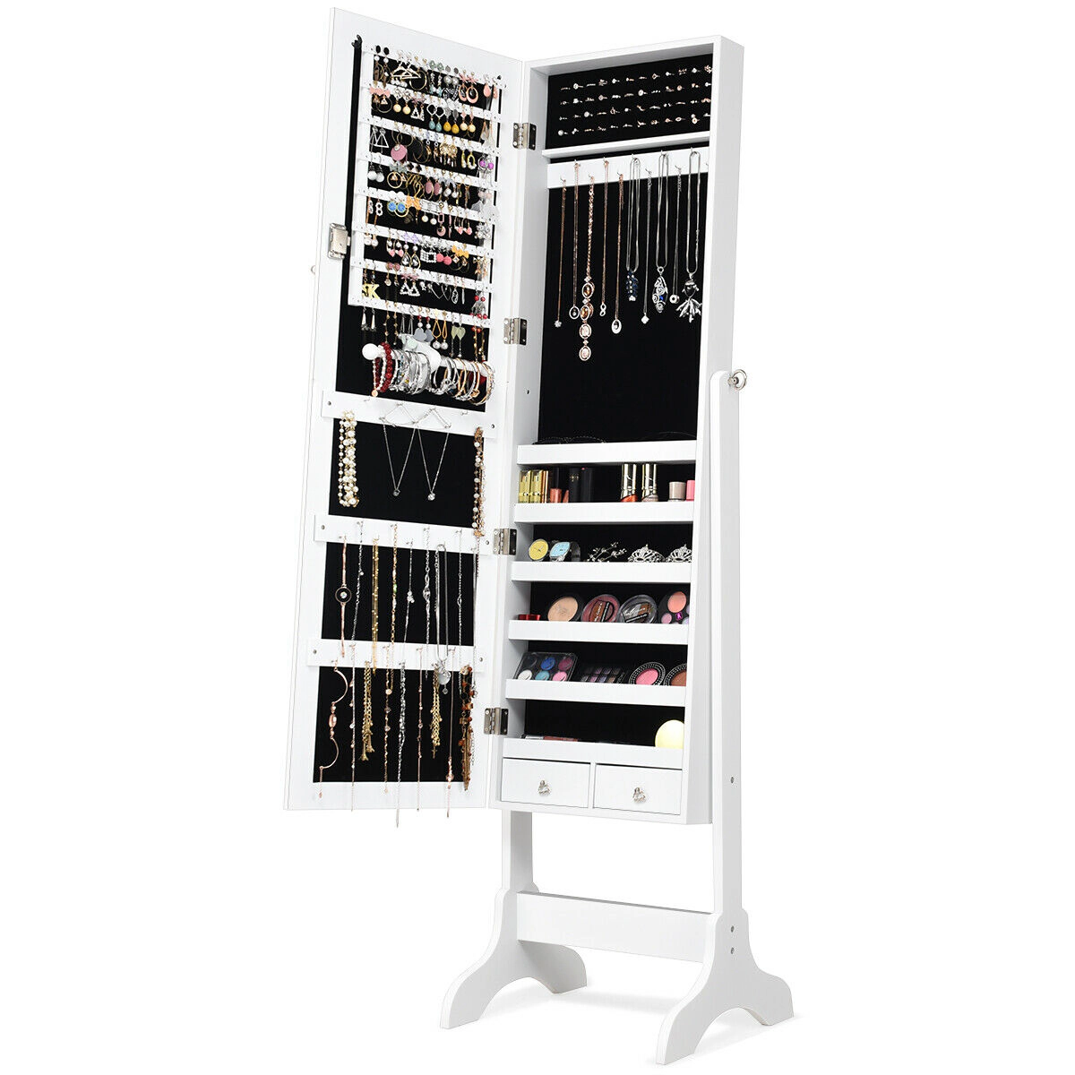 Slickblue 61.5 Inch Freestanding Lockable Jewelry Cabinet with Full-Length Mirror and 2 Storage Drawers