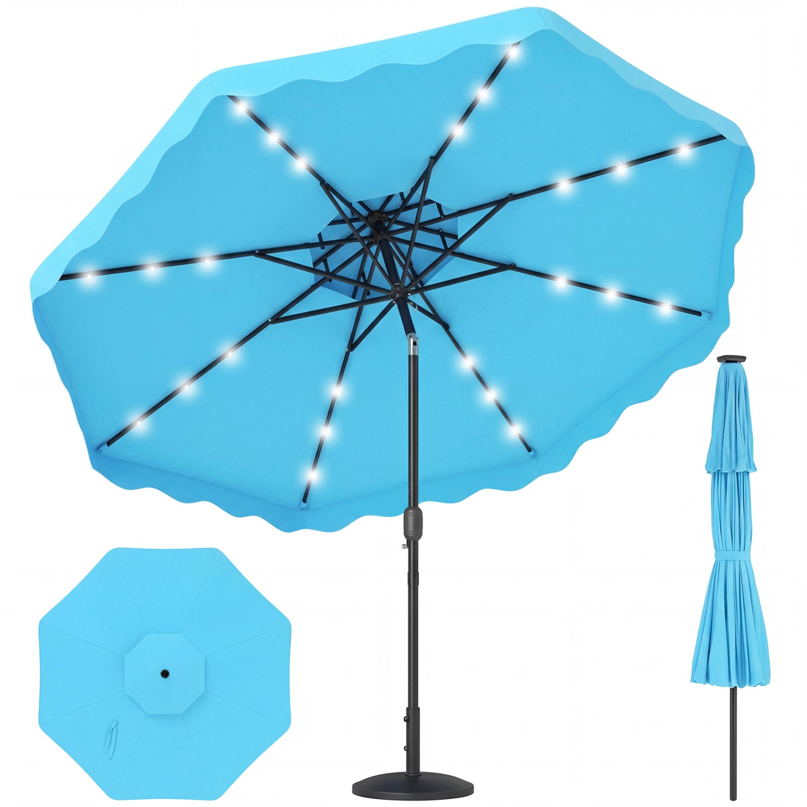 SUGIFT 9 ft Solar LED Patio Umbrella with 24 Lights Crank Lift and 8 Ribs