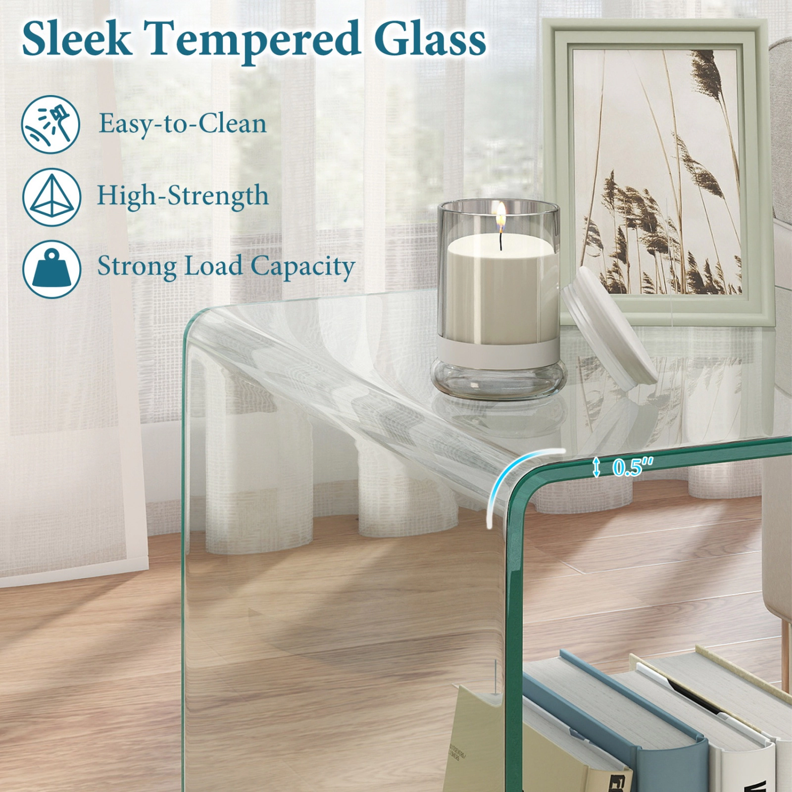 SUGIFT 2-Tier Clear Tempered Glass Rolling Side Table with Locking Casters