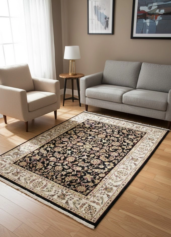 Magic Rugs 4'1 X 6'0 Floral Dark Navy Hand Knotted Indo-Nain Wool Rug