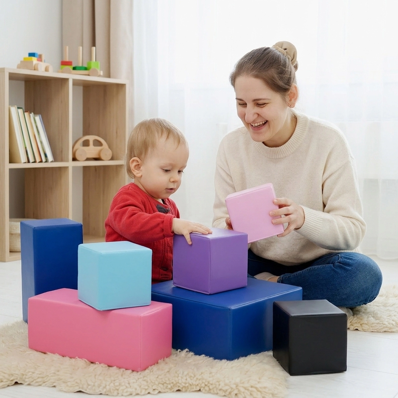 7-Piece Large Foam Building Blocks for Toddlers Soft Stacking Set 8-in Cubes Tear-Resistant Stitching EPE Core