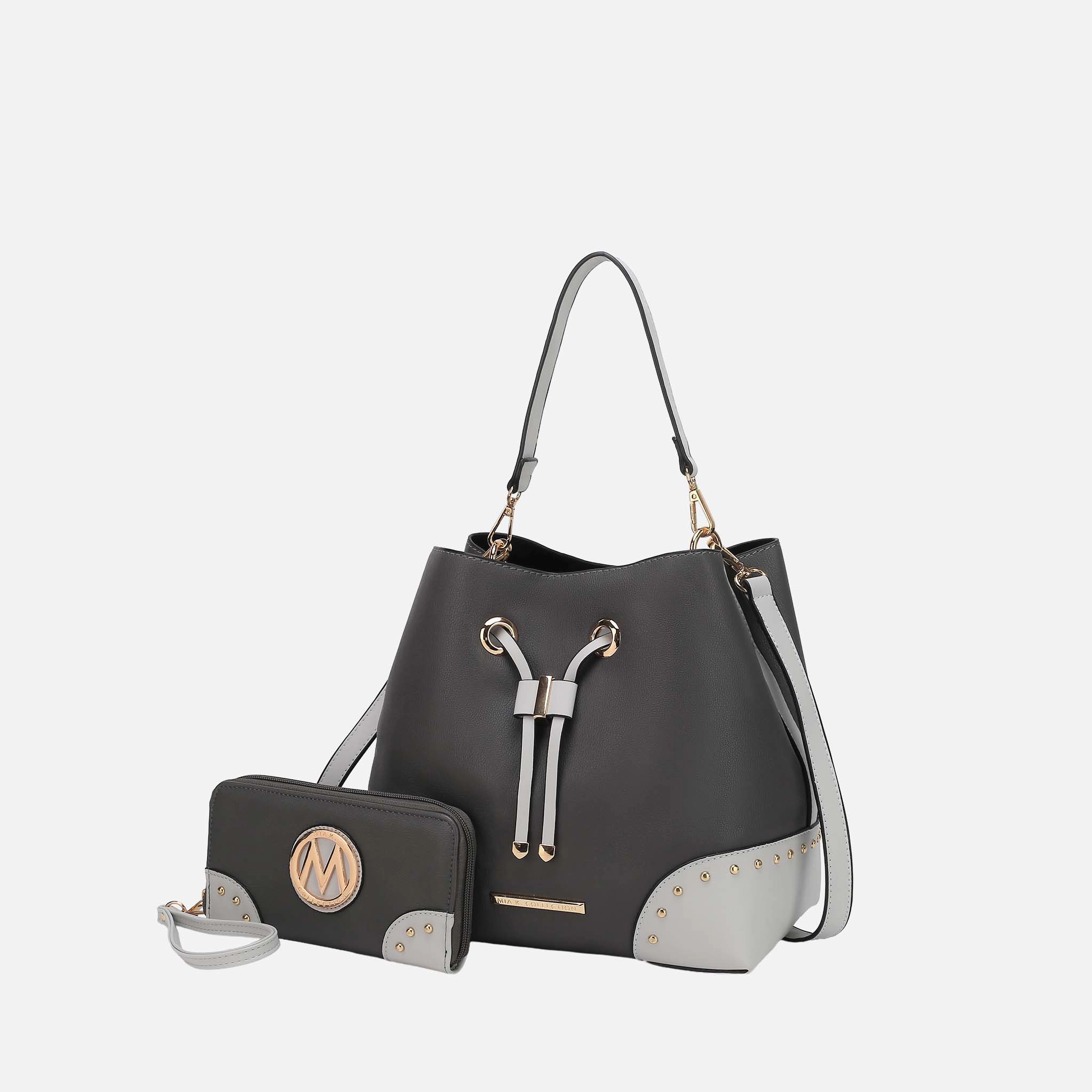 Mia K Collection Candice Color Block Vegan Leather Bucket Bag with Matching Wallet