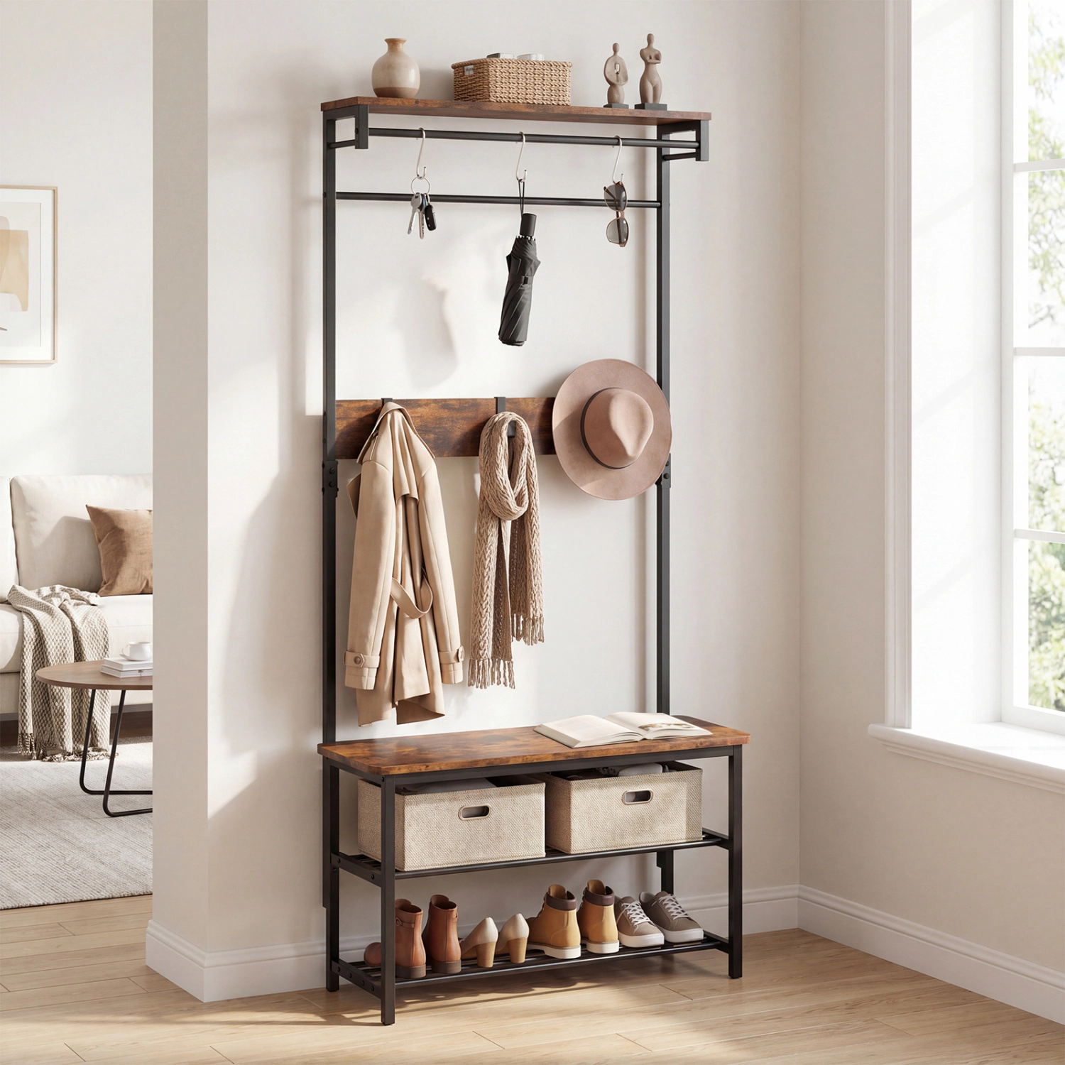 SUGIFT 4-in-1 Hall Tree Coat Rack with Shoe Bench and Removable Hooks 220-lb Bench Capacity Rustic Brown + Black
