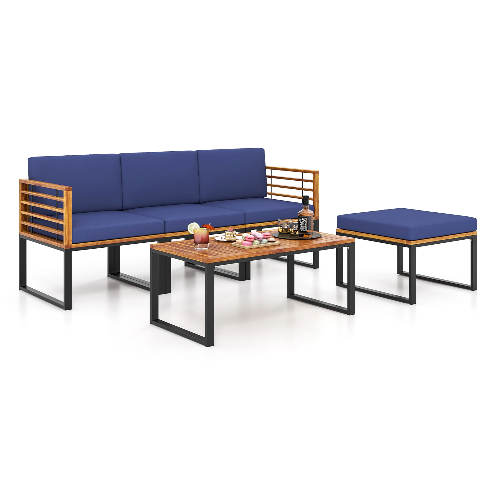 SUGIFT 5-Piece Navy Acacia Wood Patio Sectional Set with Ottoman and Coffee Table