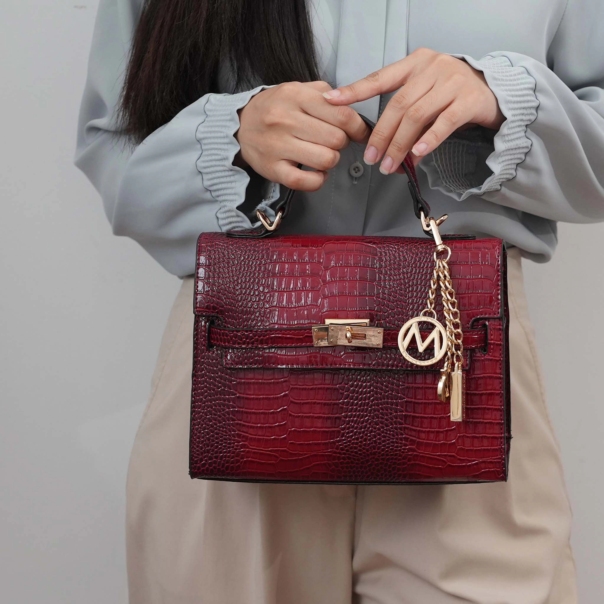 Mia K Collection Naomi Crocodile-Embossed Vegan Leather Satchel, Gold-Tone Hardware
