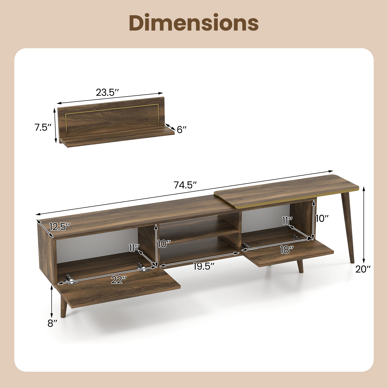 Glintex 75-Inch Mid-Century TV Stand with 2 Floating Shelves and Carved Doors, Walnut