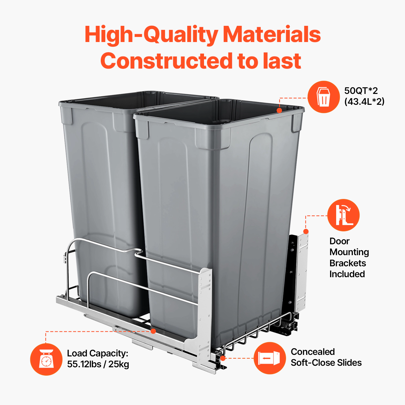 HONGGE Pull-Out Trash Can x2 Double Under Mount Kitchen Waste Container Heavy Duty Garbage Recycling Bin with Door Kit