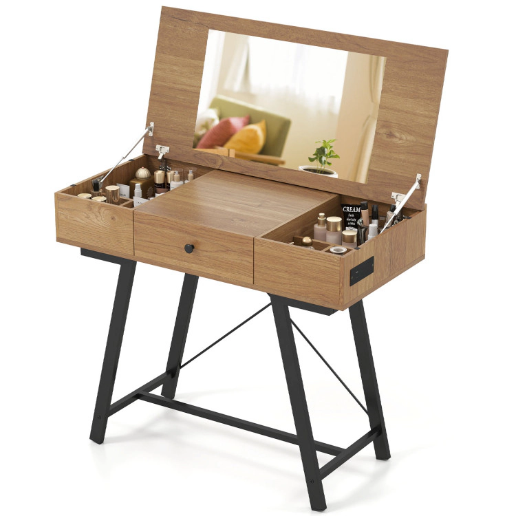 Hivvago Vanity Desk With Flip Top Mirror Makeup Dressing Table-Rustic Brown