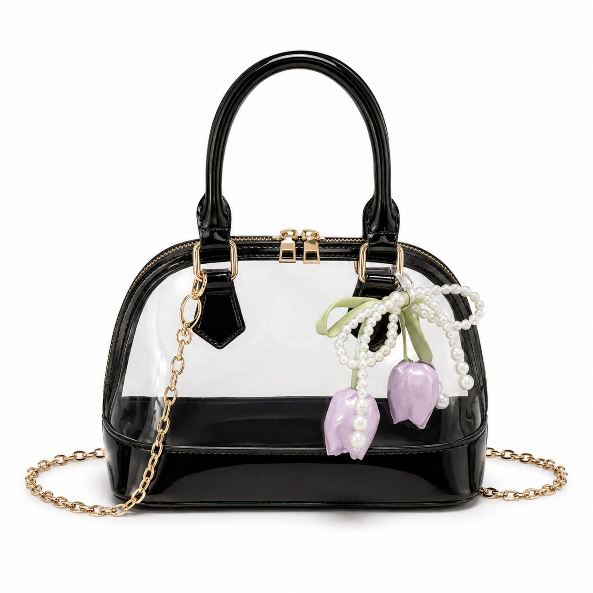 Alilang Women's Clear PVC Mini Satchel Bag with Chain Strap and Floral Pearl Charm