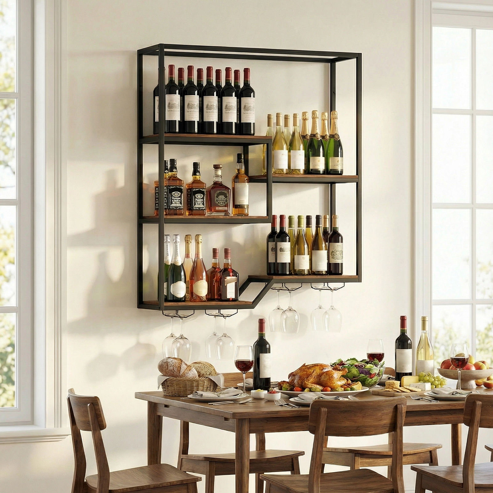 SUGIFT 6-Tier Wall Mounted Wine Rack Hanging Bar Shelf Bottle Display Shelf & Glass Holder 185-lb Total Capacity Rustic