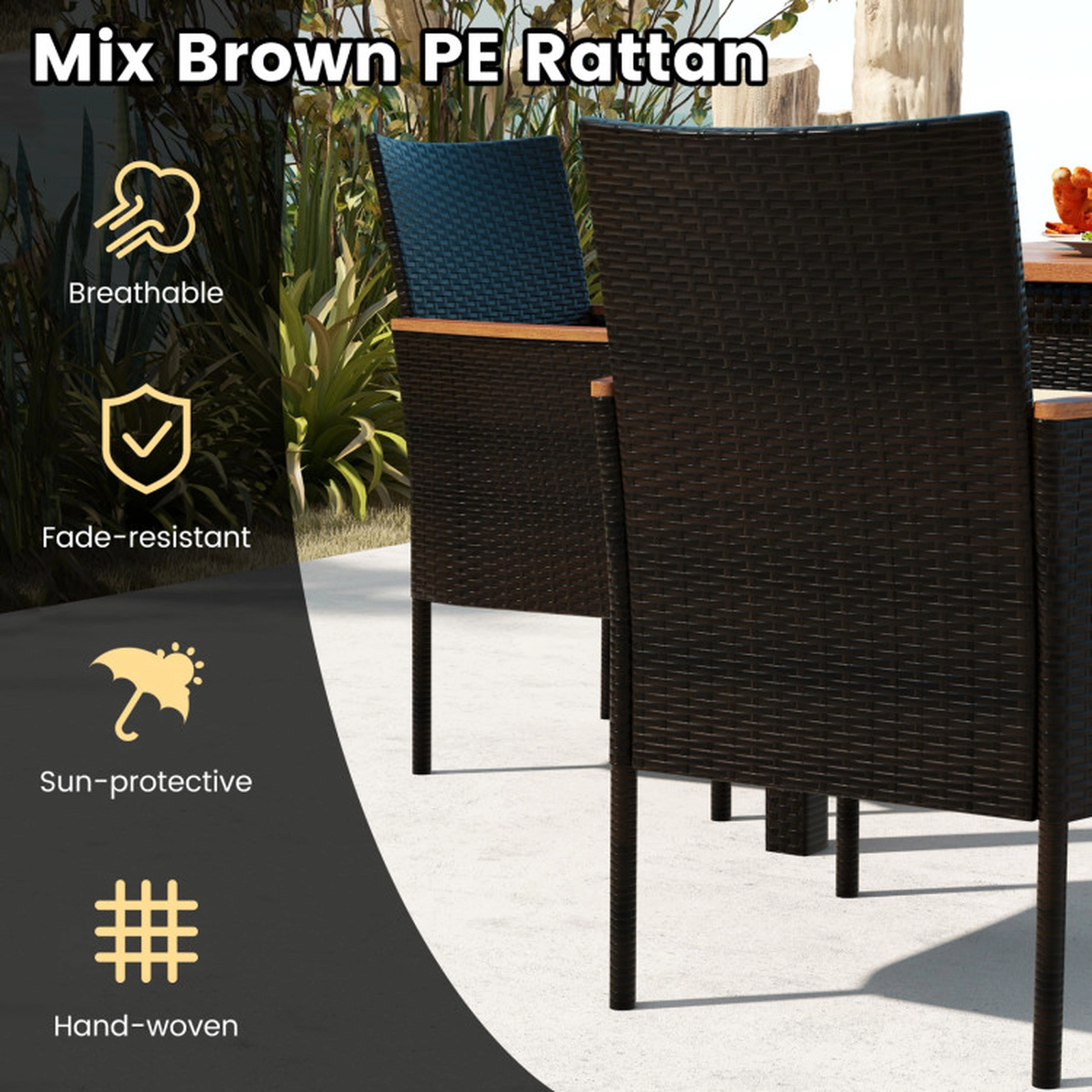 SUGIFT Brown 6 Stackable Chairs and Umbrella Hole 7-Piece Rattan Patio Dining Set