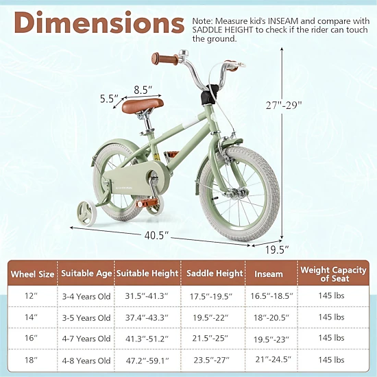 SUGIFT 16-in Green Kids Bike with Removable Training Wheels Quick Release Saddle and Chain Guard