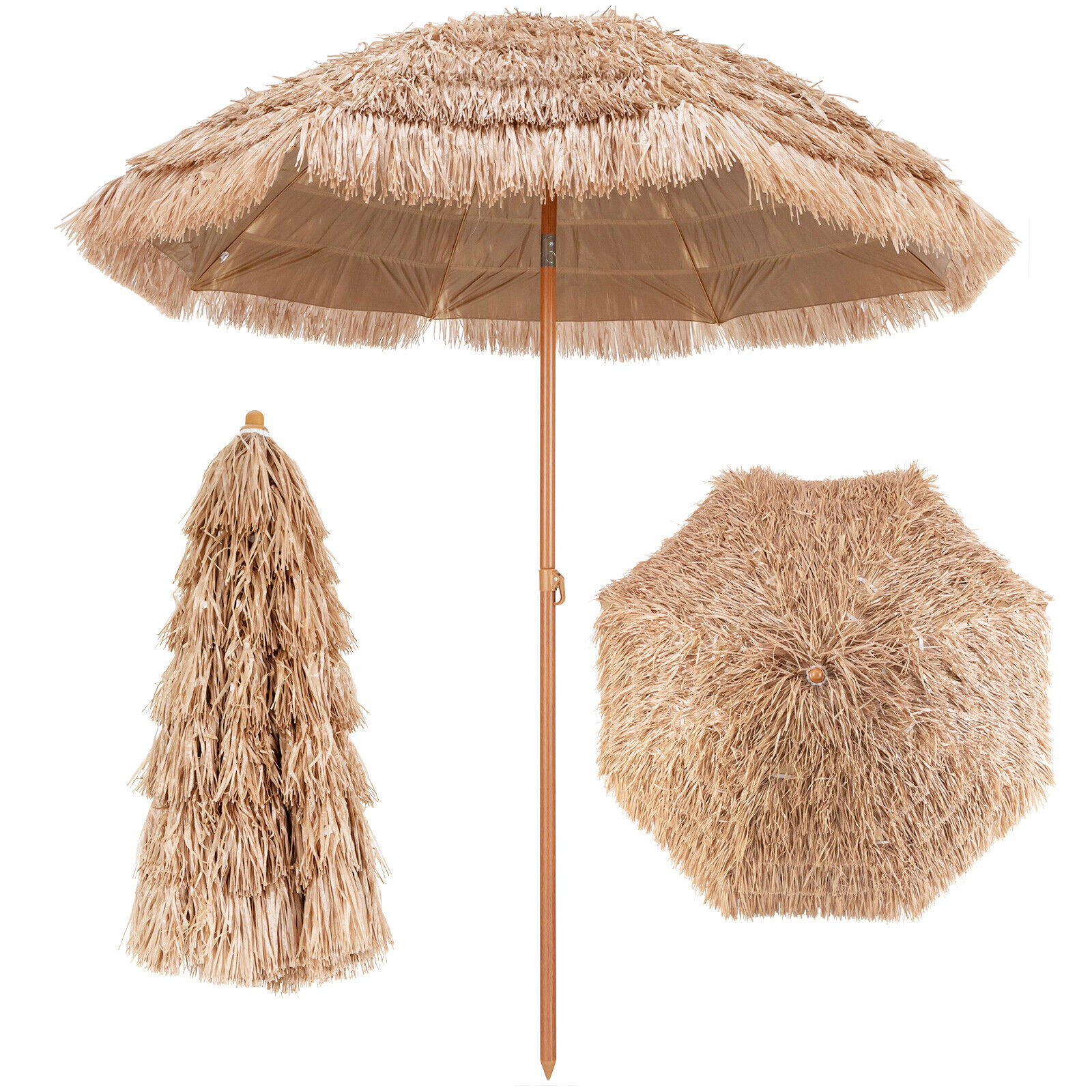 SUGIFT 7.2-ft Natural Thatched Tiki Patio Umbrella, Tilt, 8 Metal Ribs