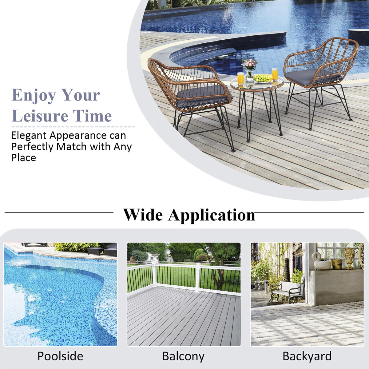 SUGIFT Gray 3-Piece Rattan Patio Bistro Set with Cushioned Armchairs