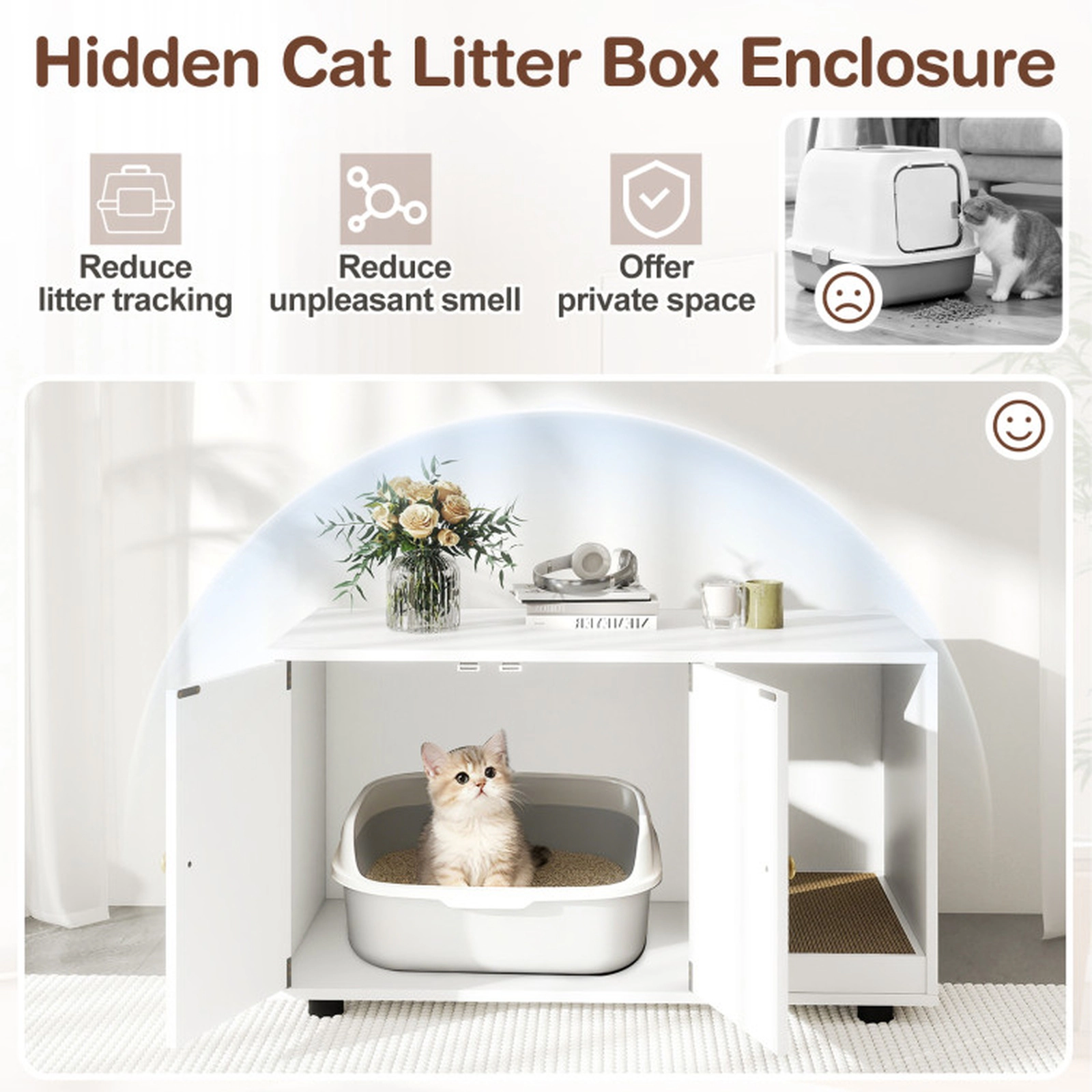 SUGIFT 35.5 x 20-in 88-lb Capacity White Wooden Hidden Litter Box Enclosure Furniture with Removable Scratching Board