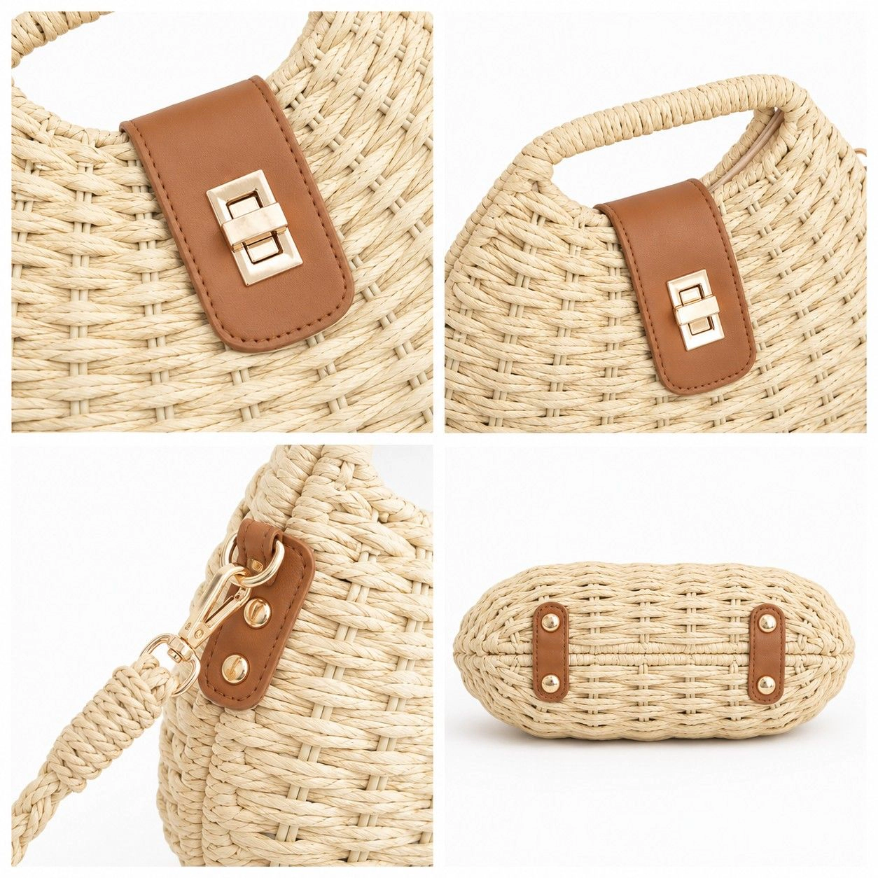 Alilang Women's Round Woven Top Handle Crossbody Bag with Button Closure and Chain Strap, Khaki