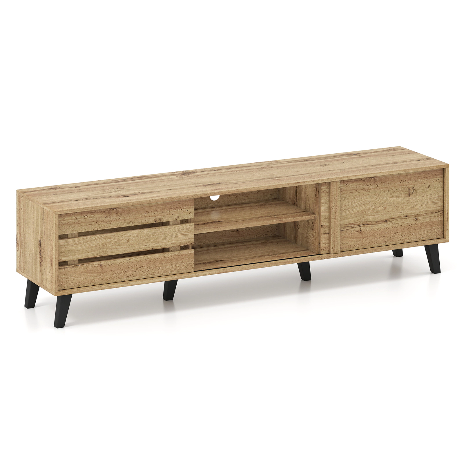 LJG Mid Century Modern TV Stand for 80 Inch TVs with Sliding Door Cabinets and Storage Shelves