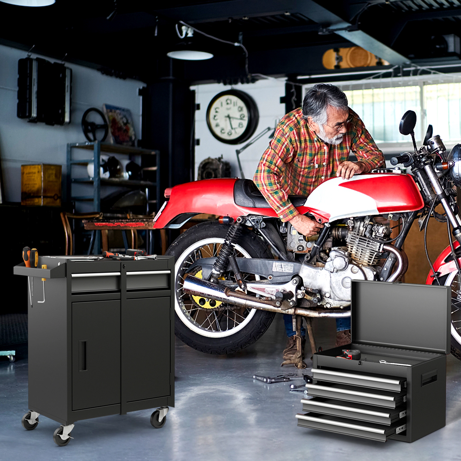 SUGIFT 2-in-1 5-Drawer 220.5-lb Capacity Steel Rolling Tool Chest and Cabinet with Lock Bars and Side Hooks