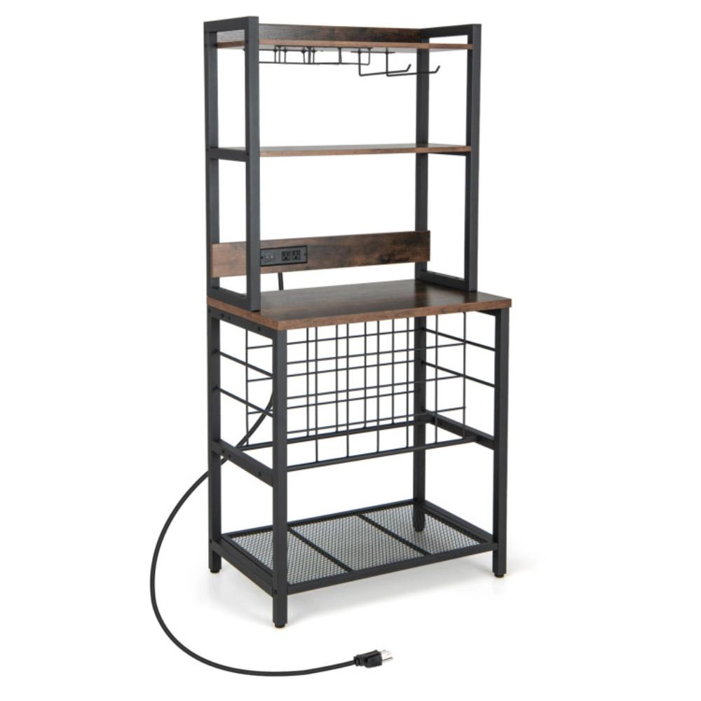 Hivvago Wine Bar Cabinet Wine Rack with 4 Tier Storage Shelves and Glass Holders-Brown