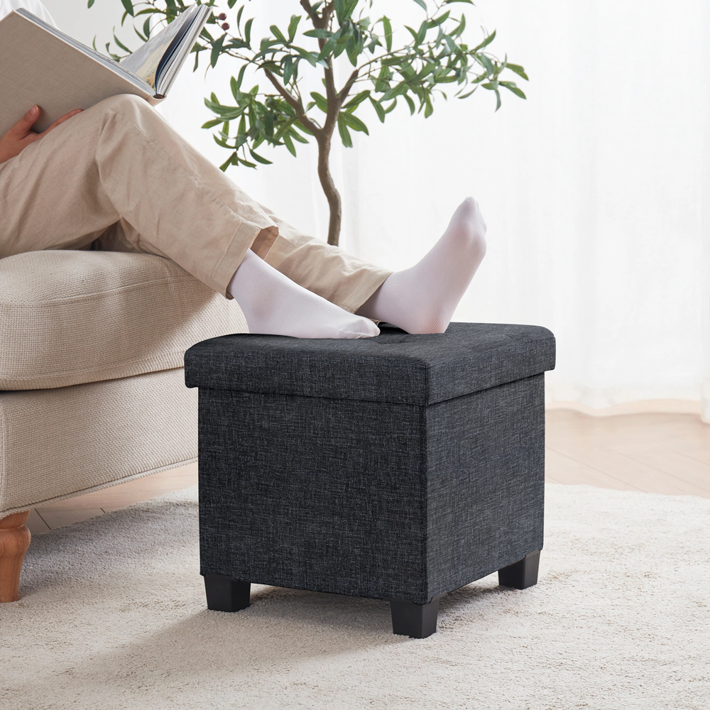 Ornavo Home Collapsible Tufted 15 Inch Square Linen Storage Ottoman with Legs