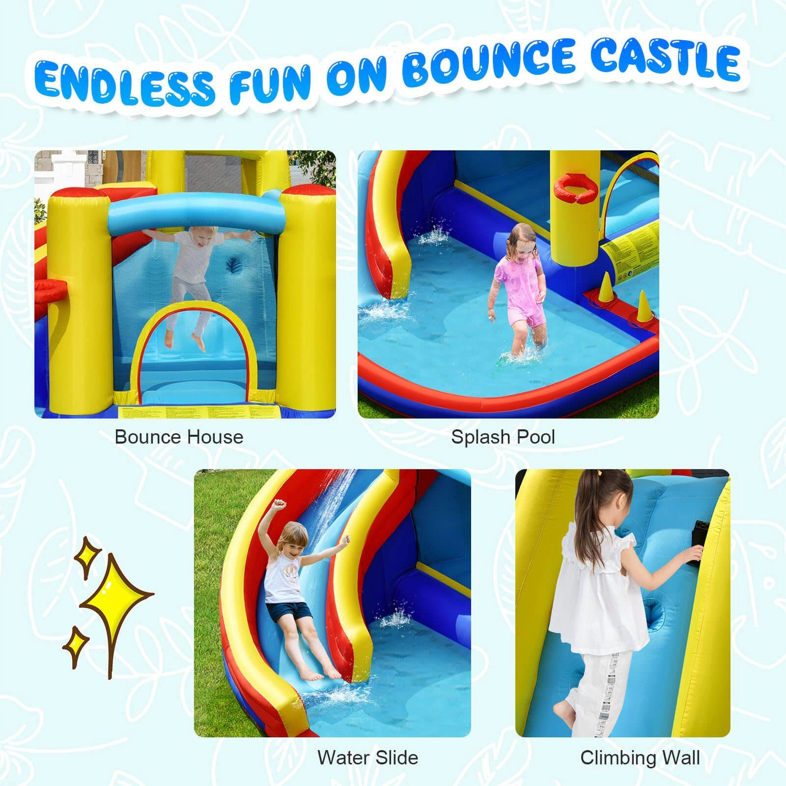 SUGIFT 7-in-1 Inflatable Water Slide Bounce House with 735W Air Blower & Splash Pool 66-lb Capacity Ages 3-12 Multicolor