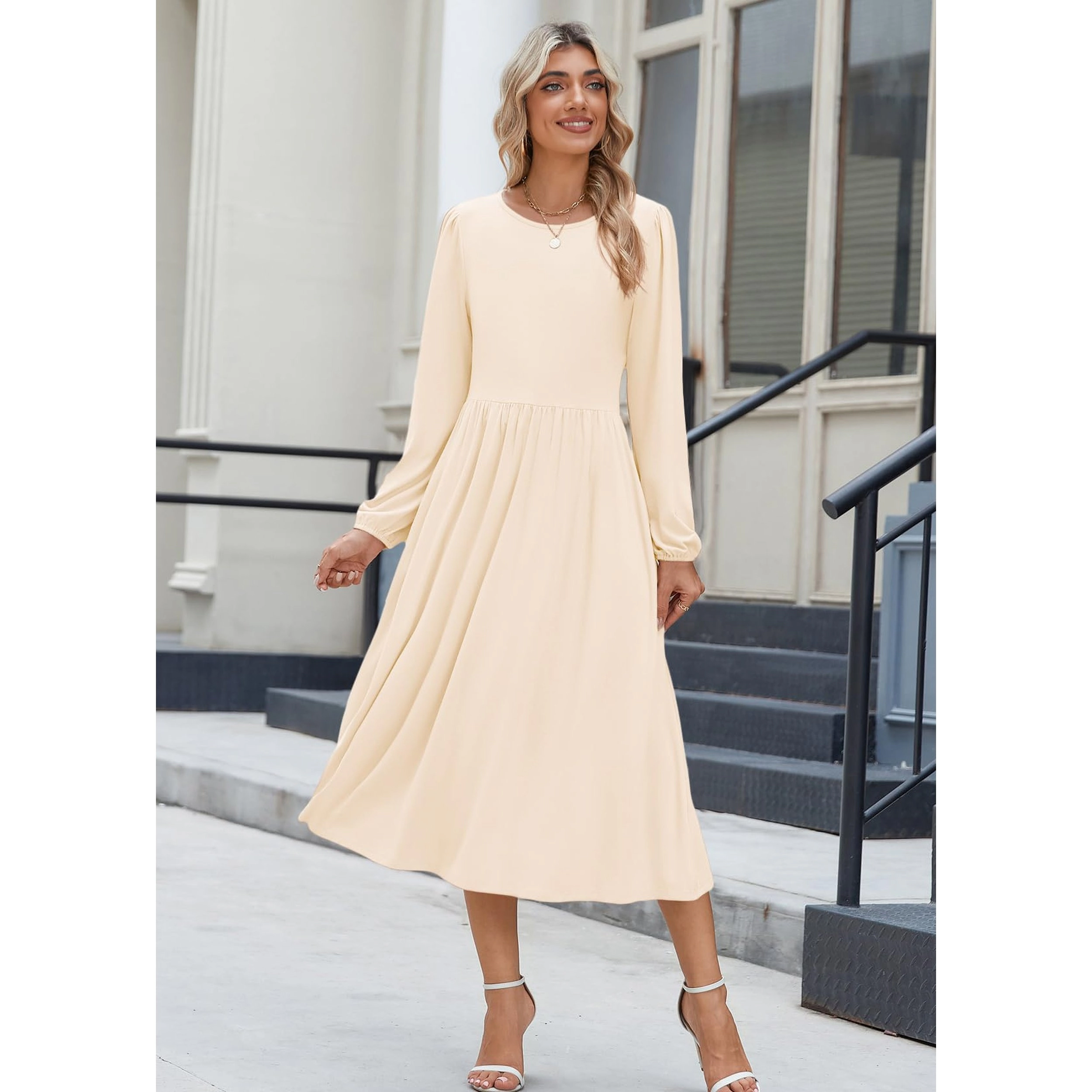 Zeagoo Women's Round Neck Long Sleeve Midi Dress