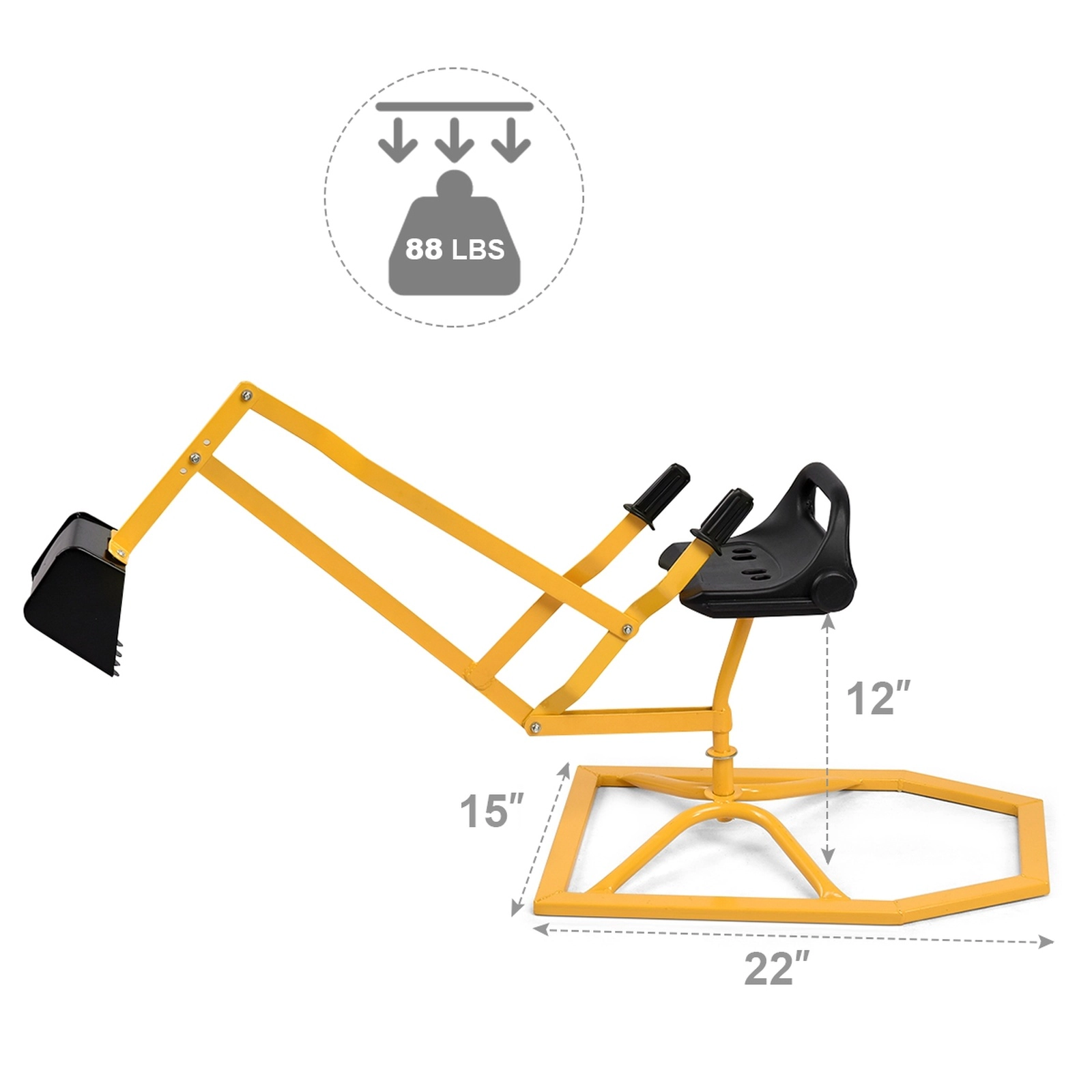 Kids Ride-On Sand Digger Excavator 44-in Steel Sandbox Toy 360-Degree Swivel Seat Rubber Grip Handles 88-lb Ages 4-12