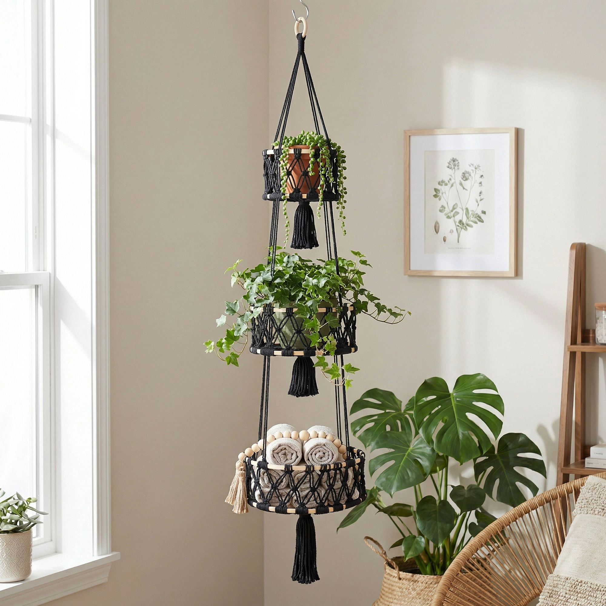 Alilang Unisex Three Tier Hanging Storage Organizer Macrame Style Basket for Plants Bathroom Kitchen Bedroom