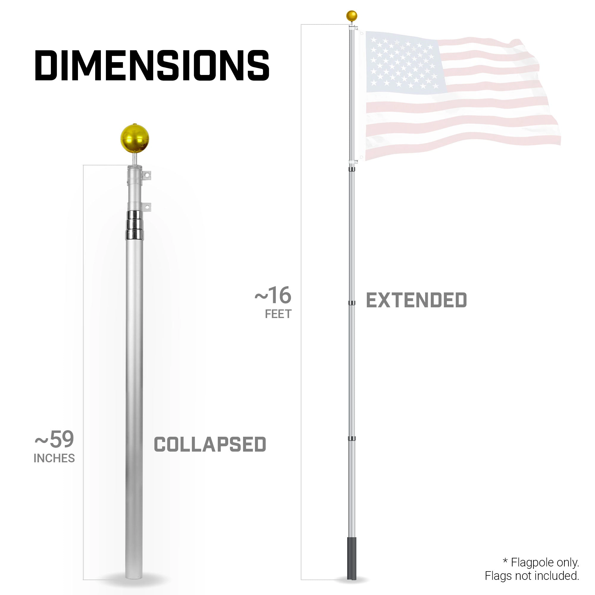 G128 16Ft Telescoping Aluminum Flagpole Silver - Inground Heavy-Duty Telescopic Pole - Flag Not Included