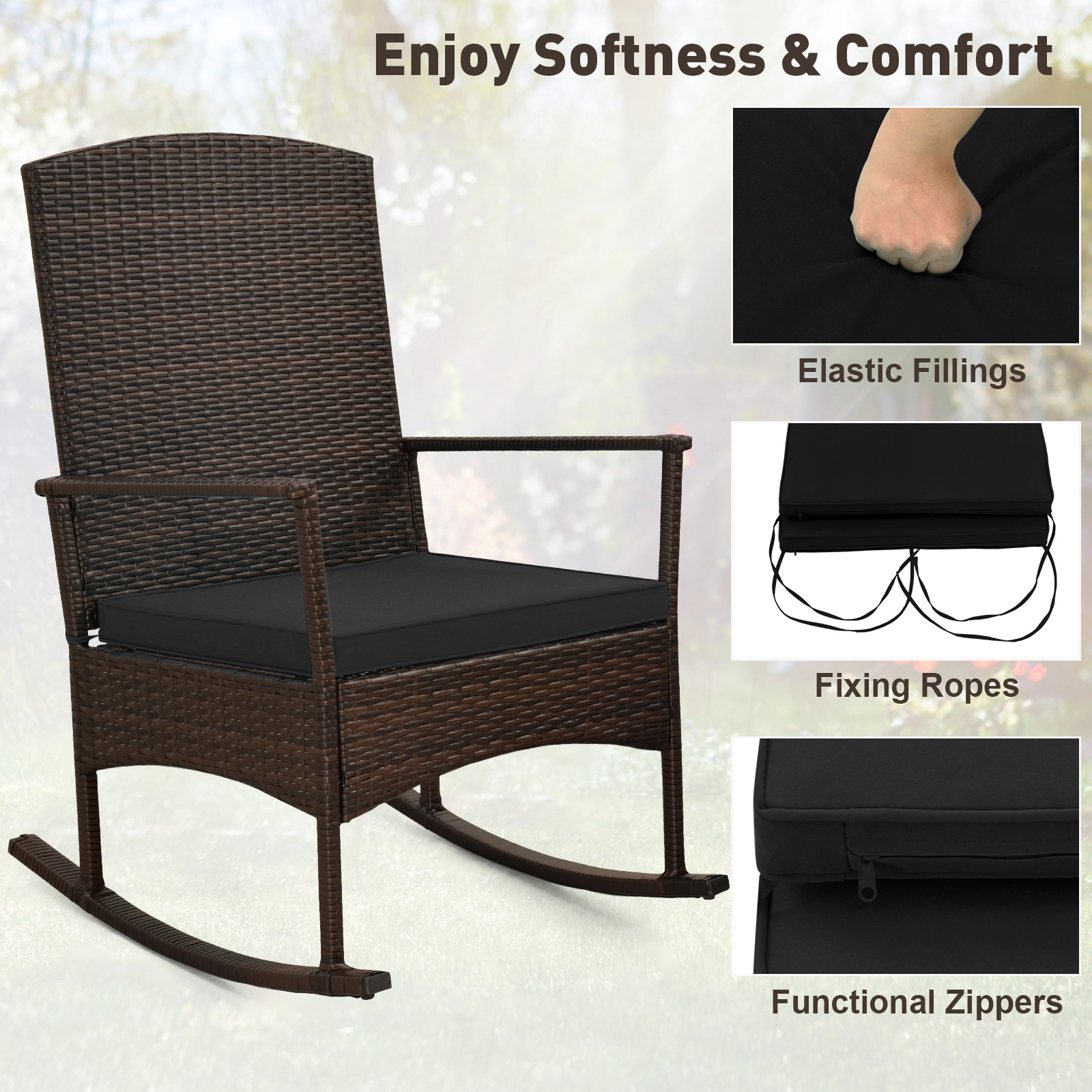 SUGIFT Black 2-Tier Side Table and Cushions 3-Piece Patio Rocking Bistro Set