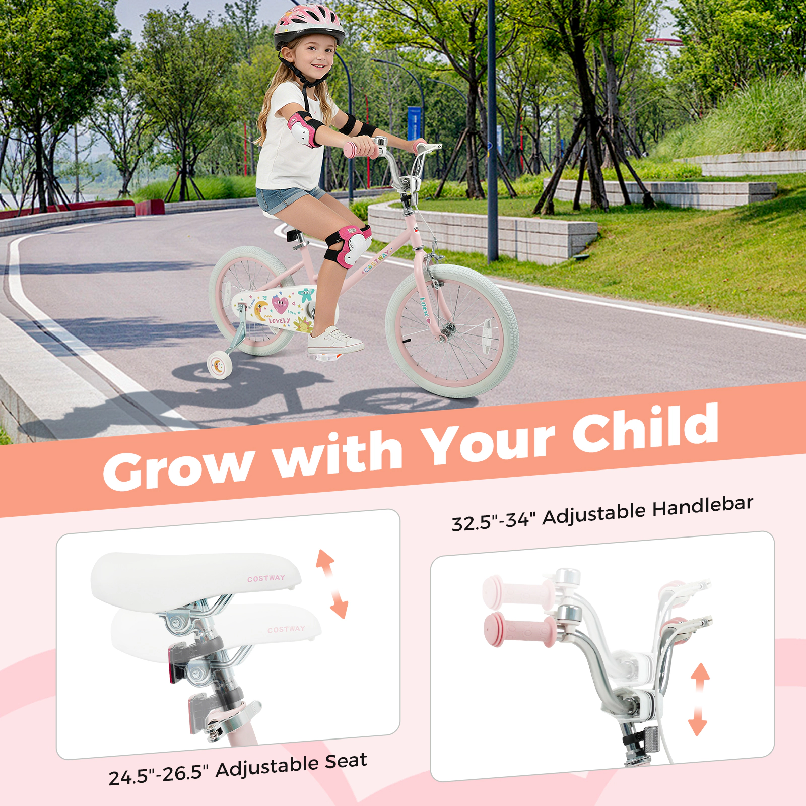 LJG Kids Bike Adjustable Children Pink - Stars & Moon
