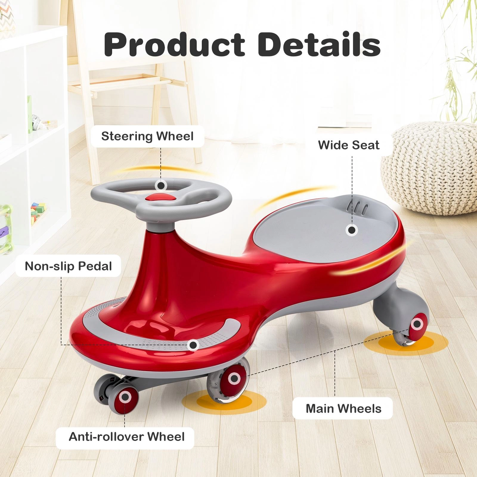 SUGIFT Yellow Kids Ride-On Wiggle Car Toy with PU Flashing Wheels and Wide Seat 27-in W 110-lb Rider