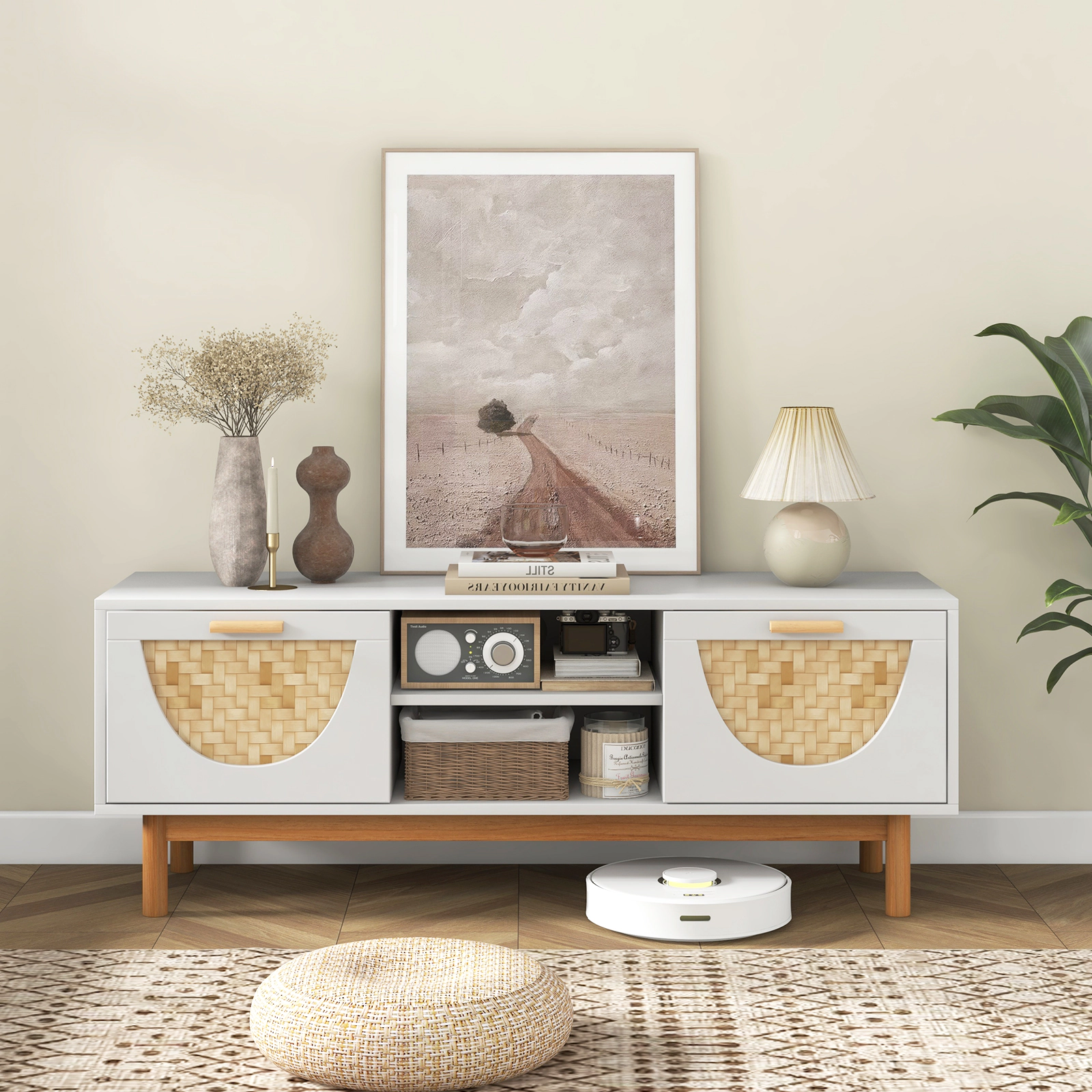 LJG Mid Century Modern TV Stand Entertainment Center for 55-Inch TV with 2 Drawers and Bamboo Woven Fronts